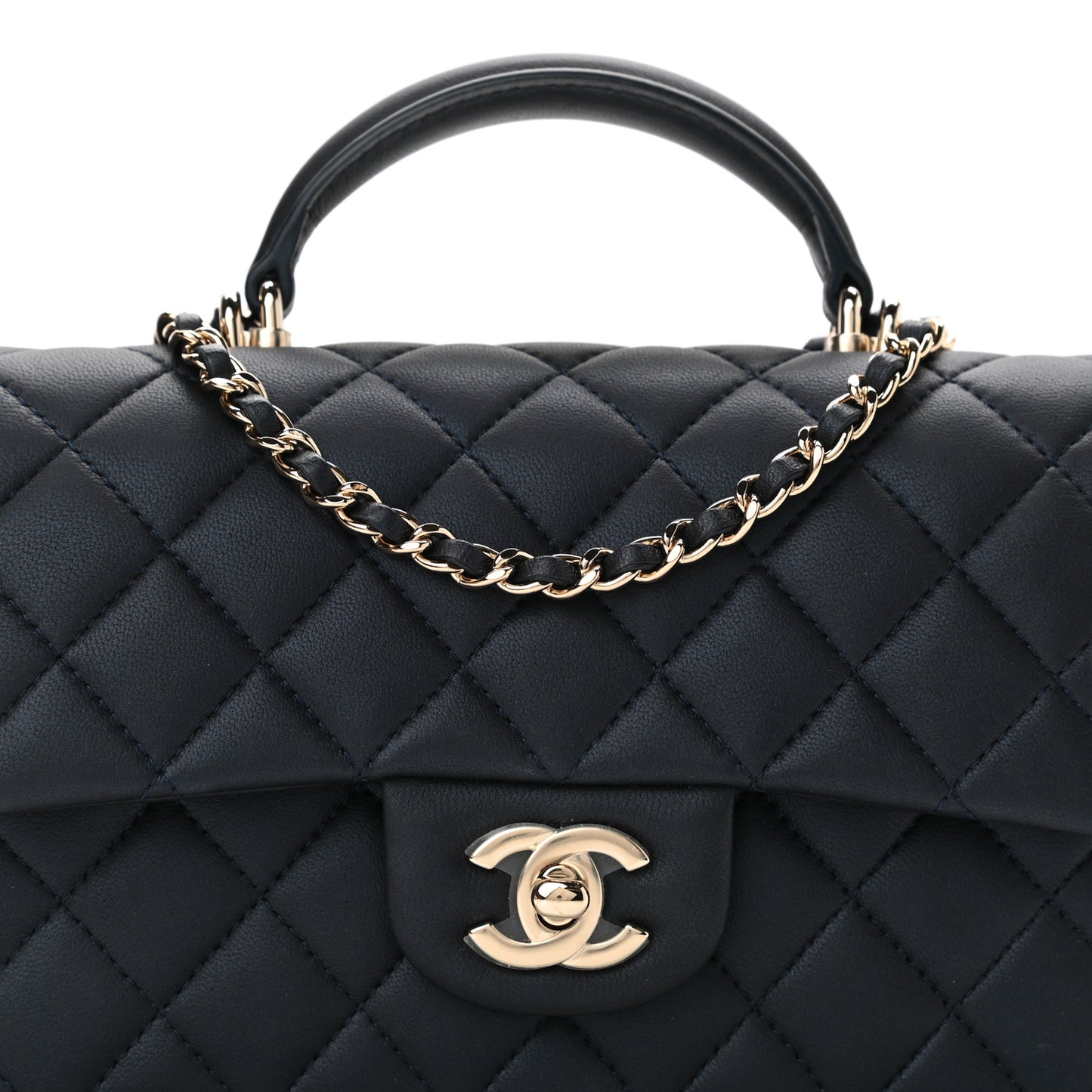 Lambskin Quilted Mini Top Handle Rectangular Flap Navy Blue