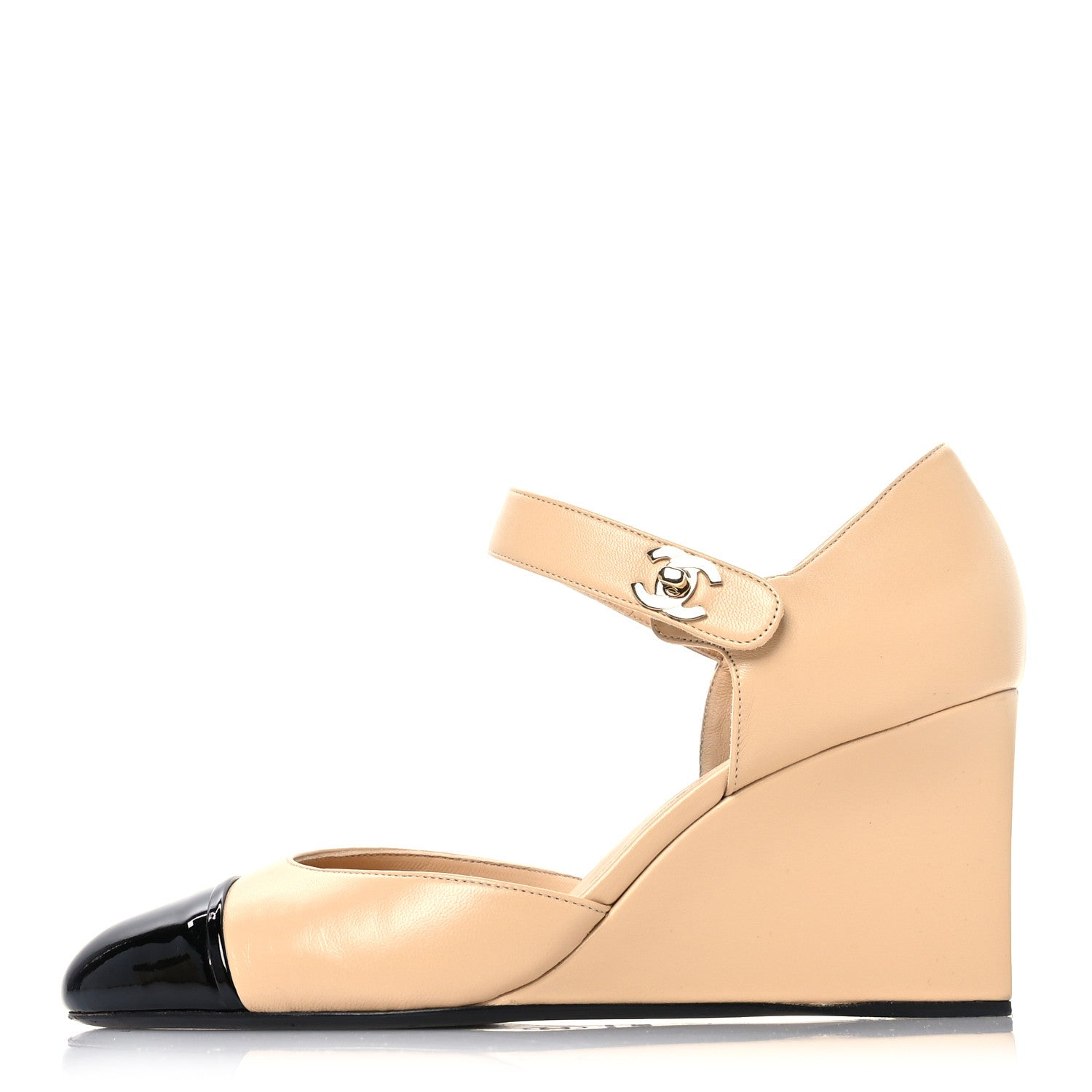 Chanel Lambskin Patent Cap Toe Mary Jane Wedge Pumps 38.5 Beige