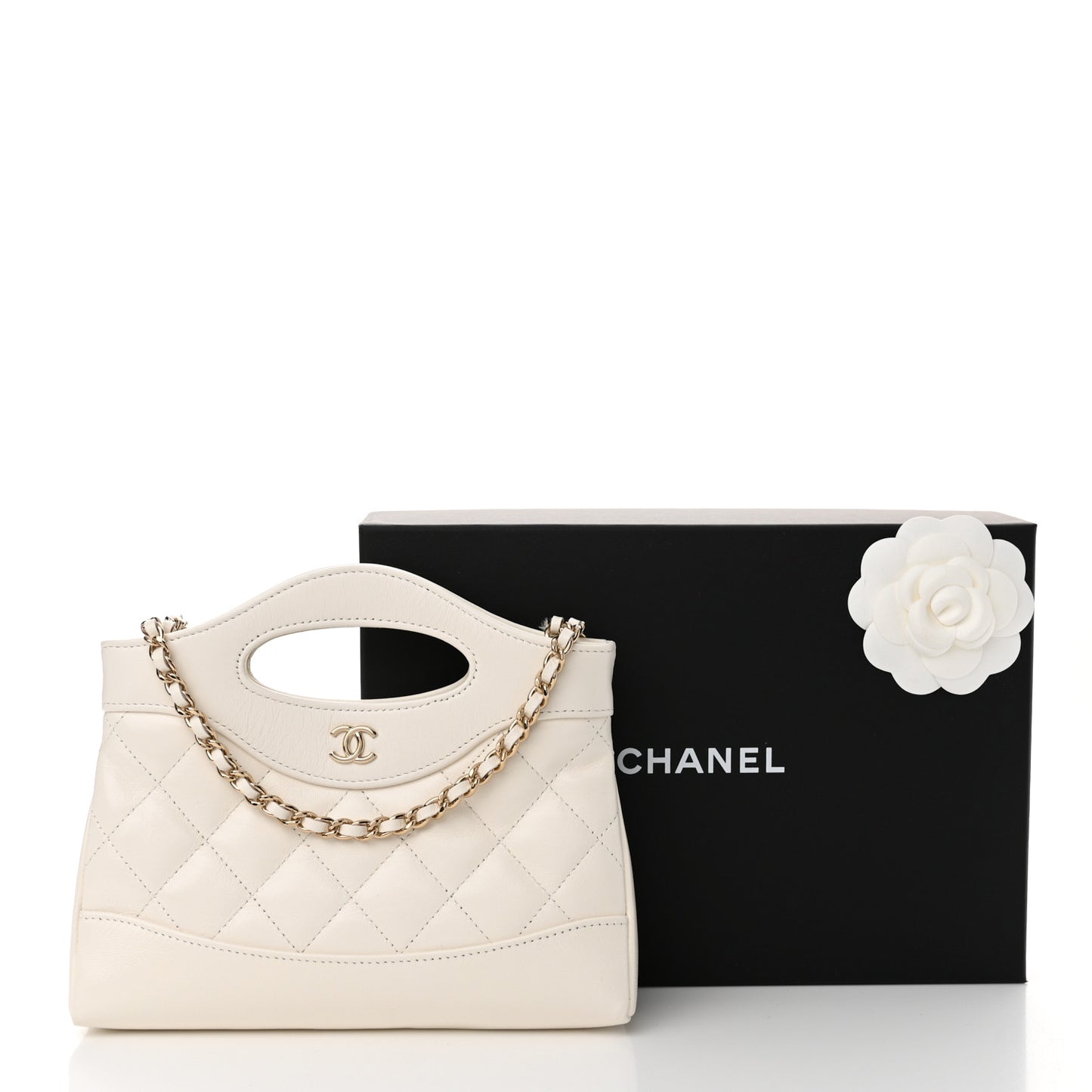 Shiny Crumpled Calfskin Quilted Nano 31 Shopping Bag White