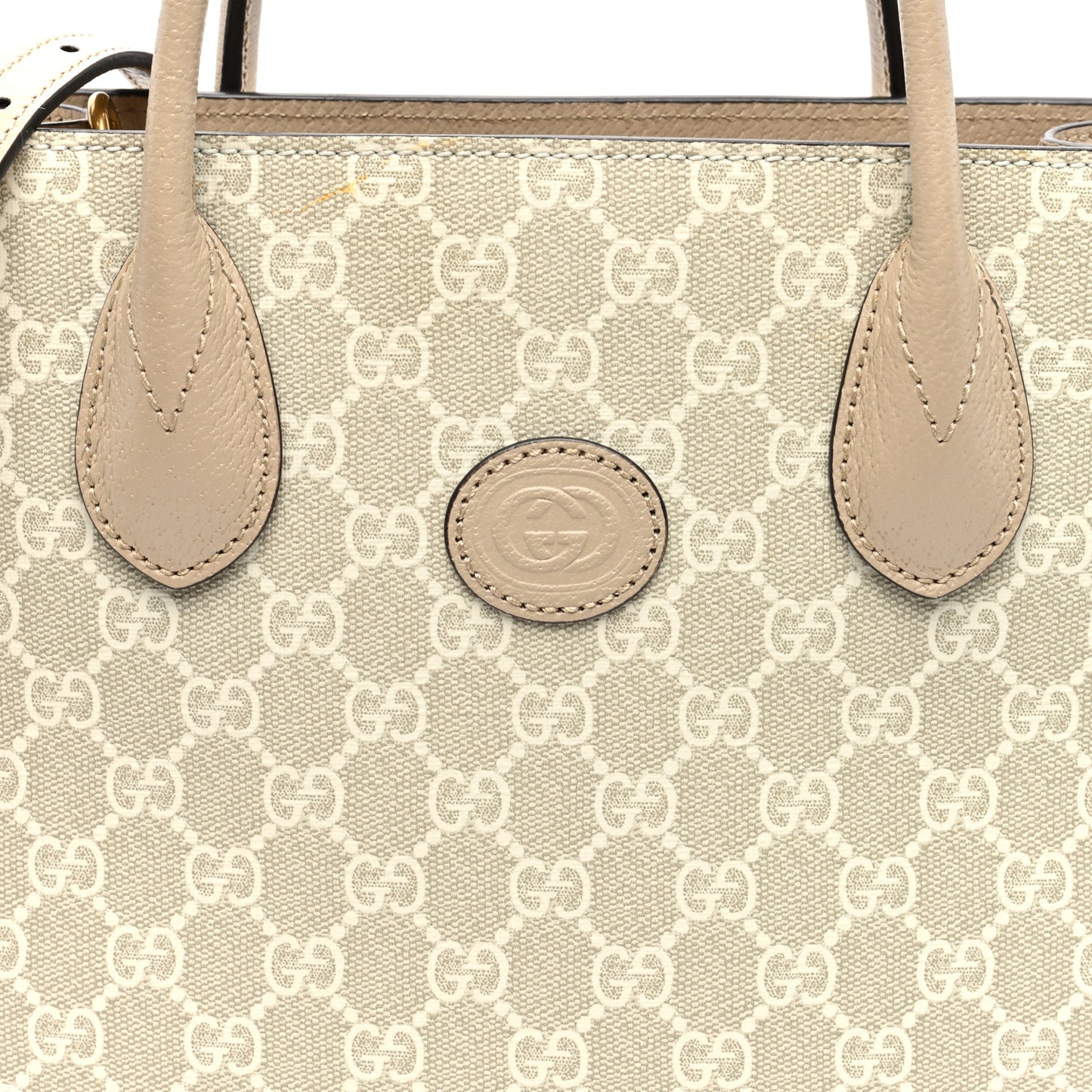 GG Supreme Monogram Textured Dollar Calfskin Small Retro Interlocking G Tote Bag Beige Mystic White Oatmeal