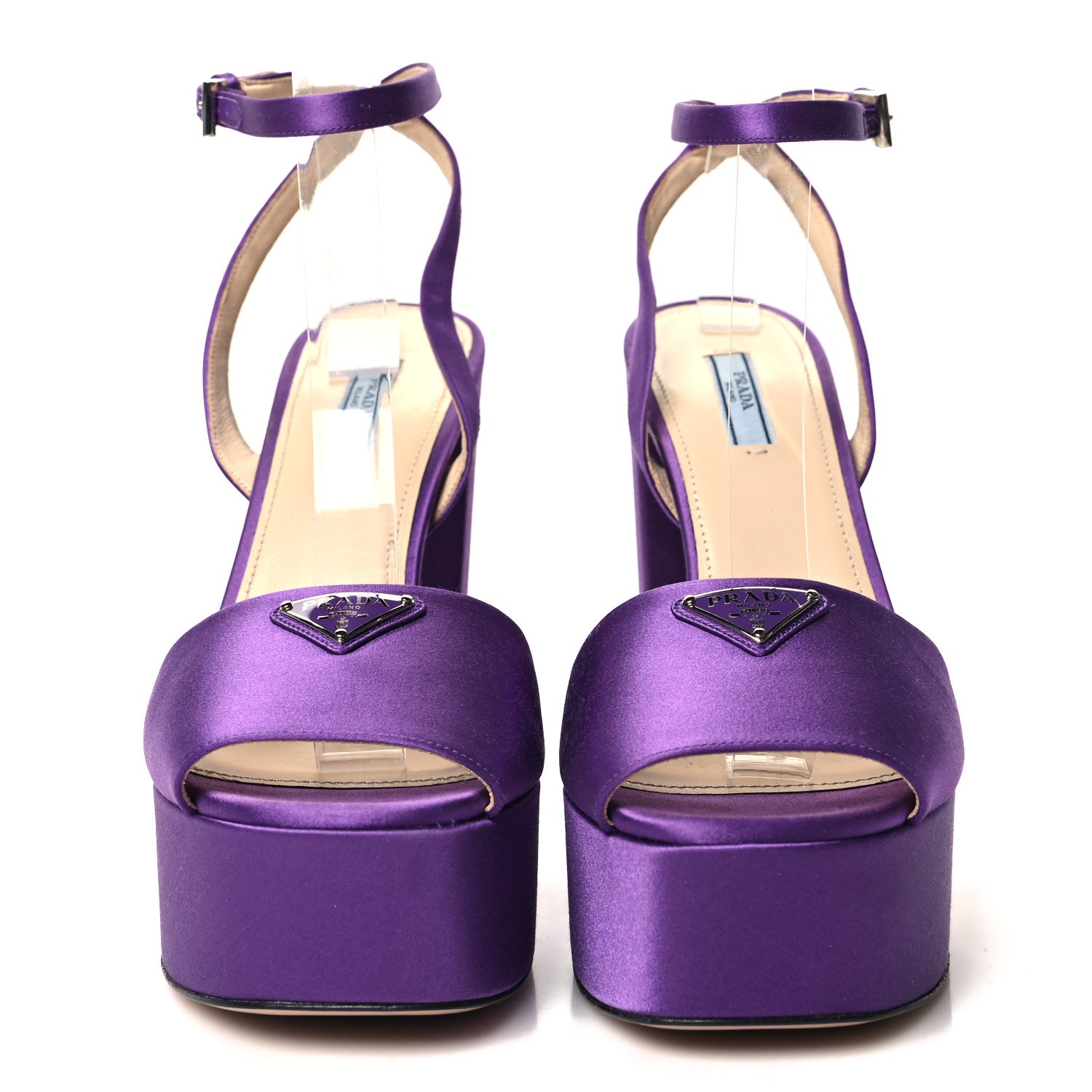 Prada Satin Metal Triangle Logo Ankle Strap 40/135mm Platform Sandals 41 Viola 2 of 7