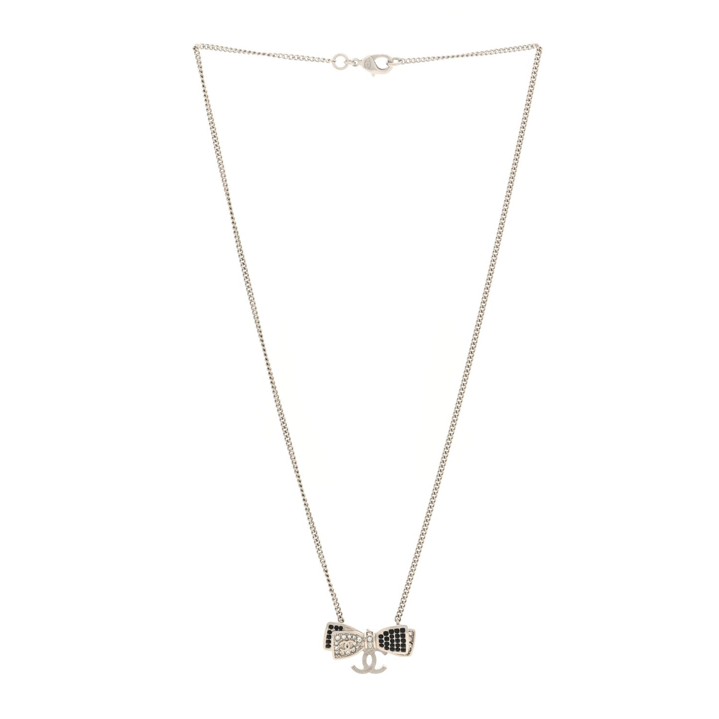 Crystal CC Bow Necklace Silver Black