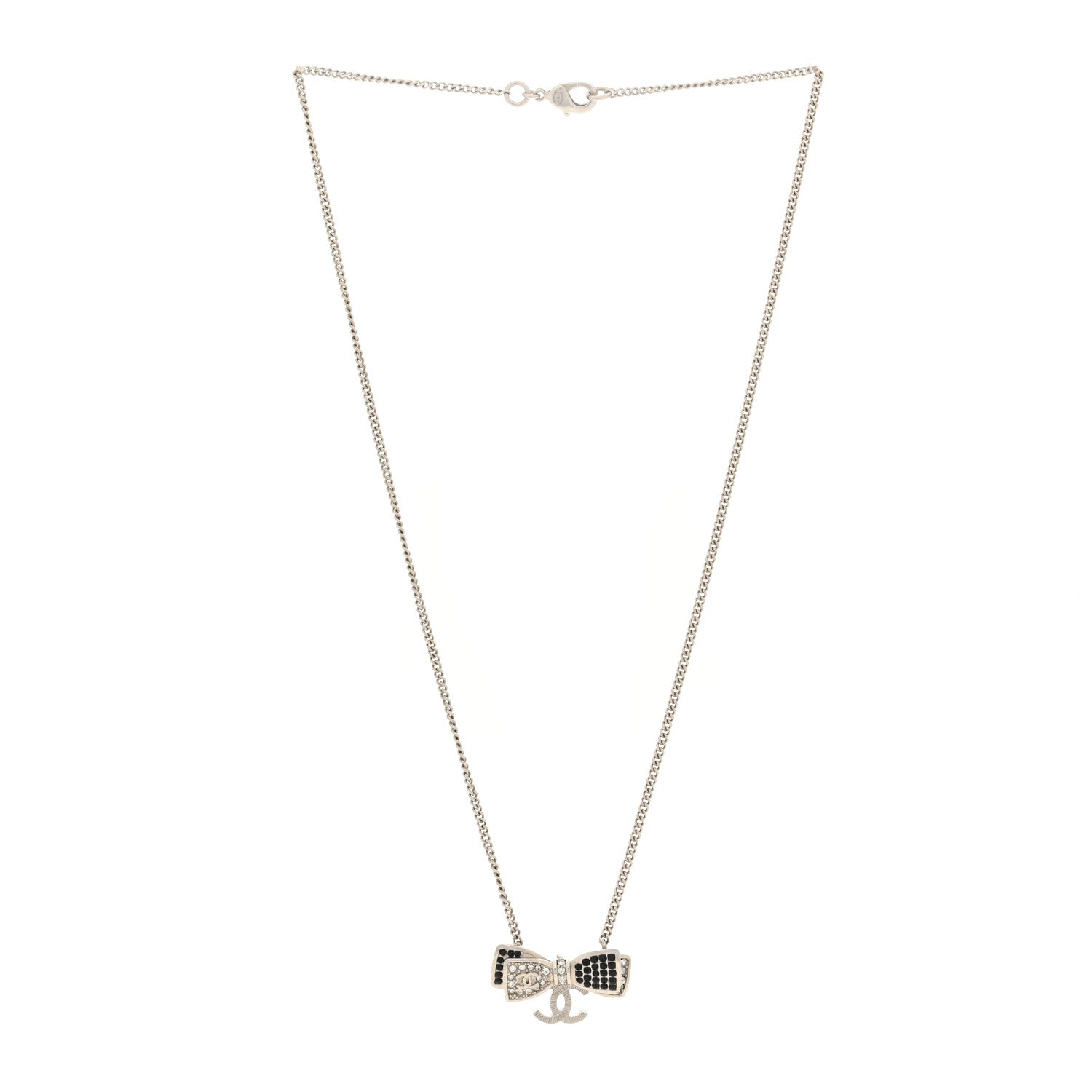 Chanel Crystal CC Bow Necklace Silver Black 3 of 4