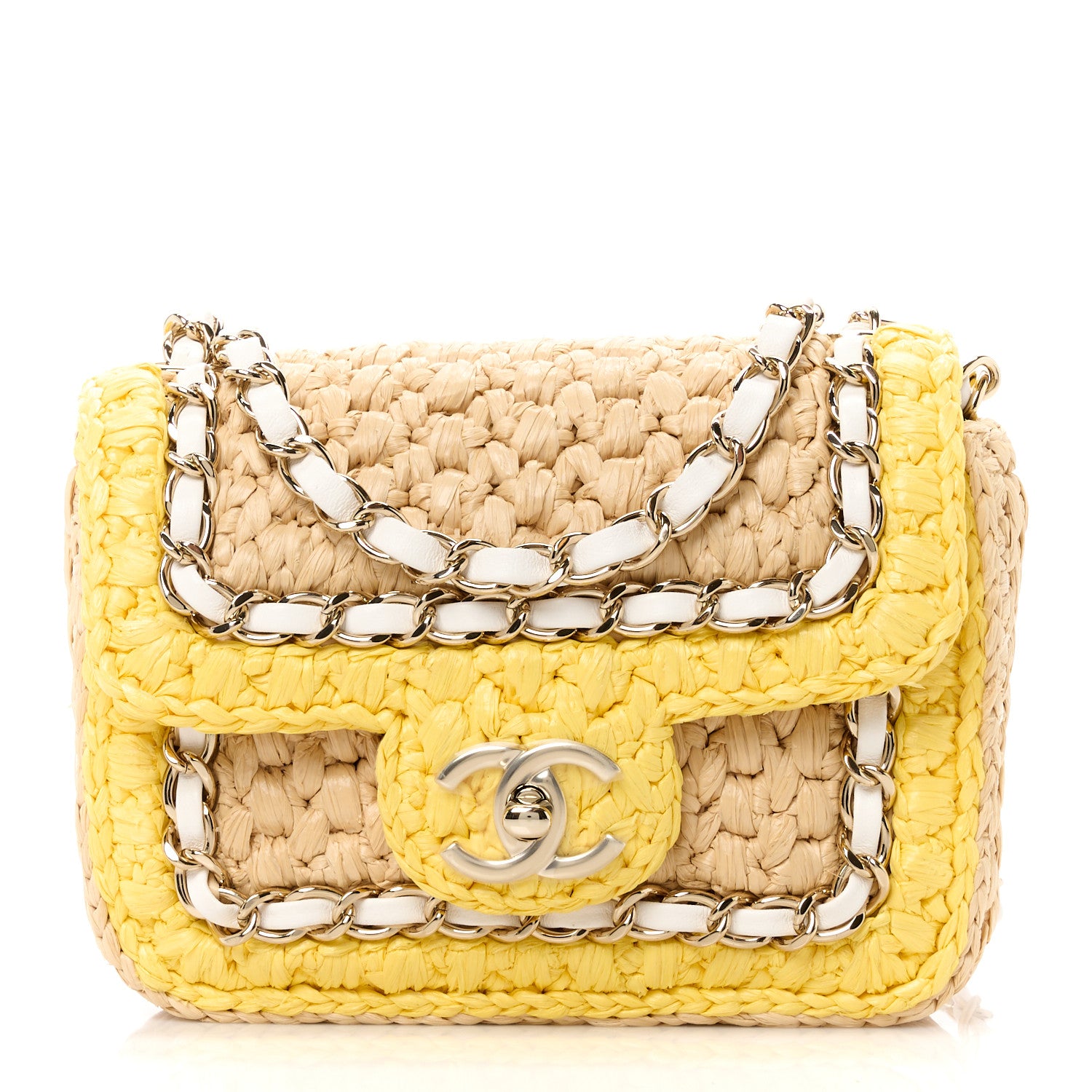 Chanel Raffia Chain Venice Beach Mini Flap Bag Beige Yellow