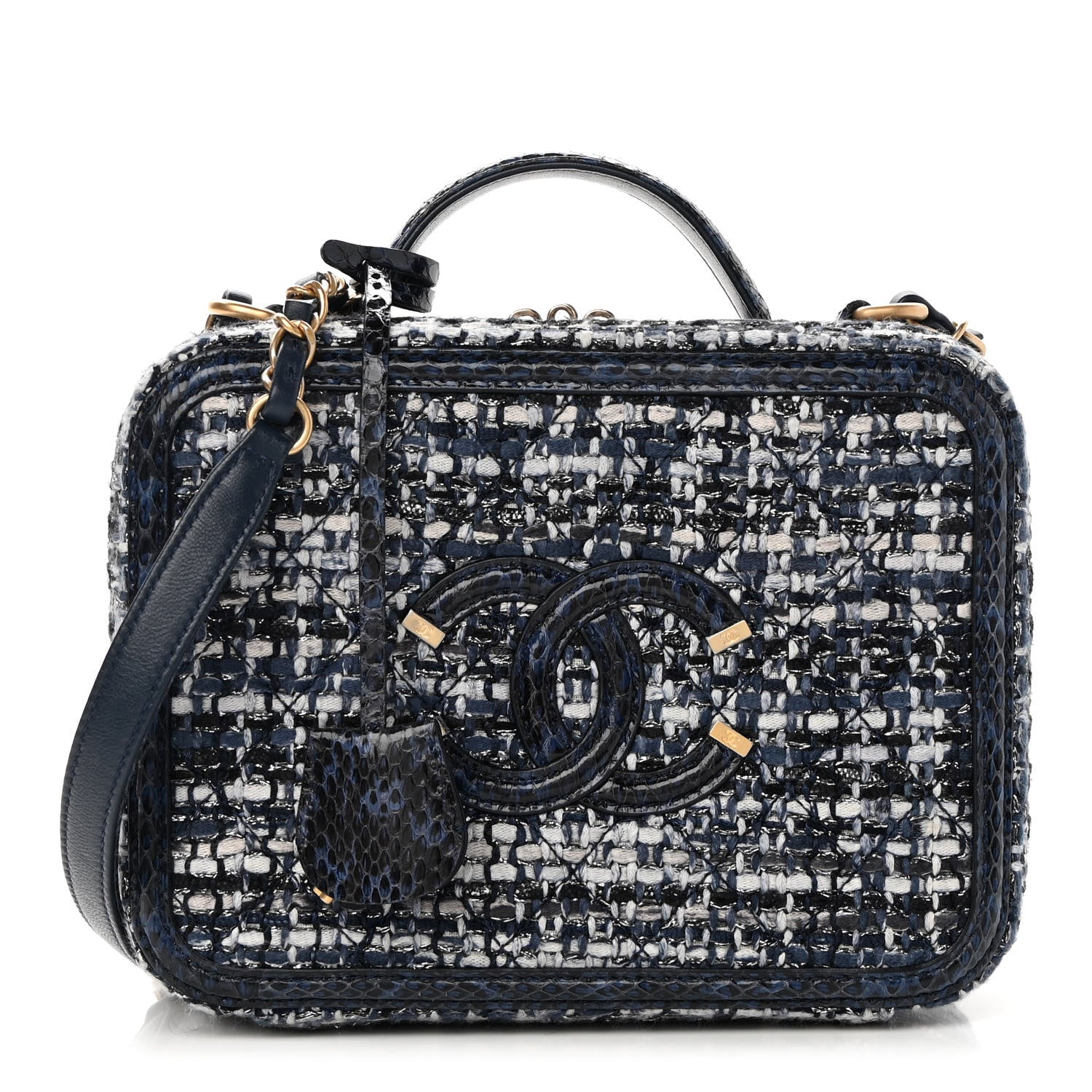 Chanel Tweed Snakeskin Quilted Medium CC Filigree Vanity Case Dark