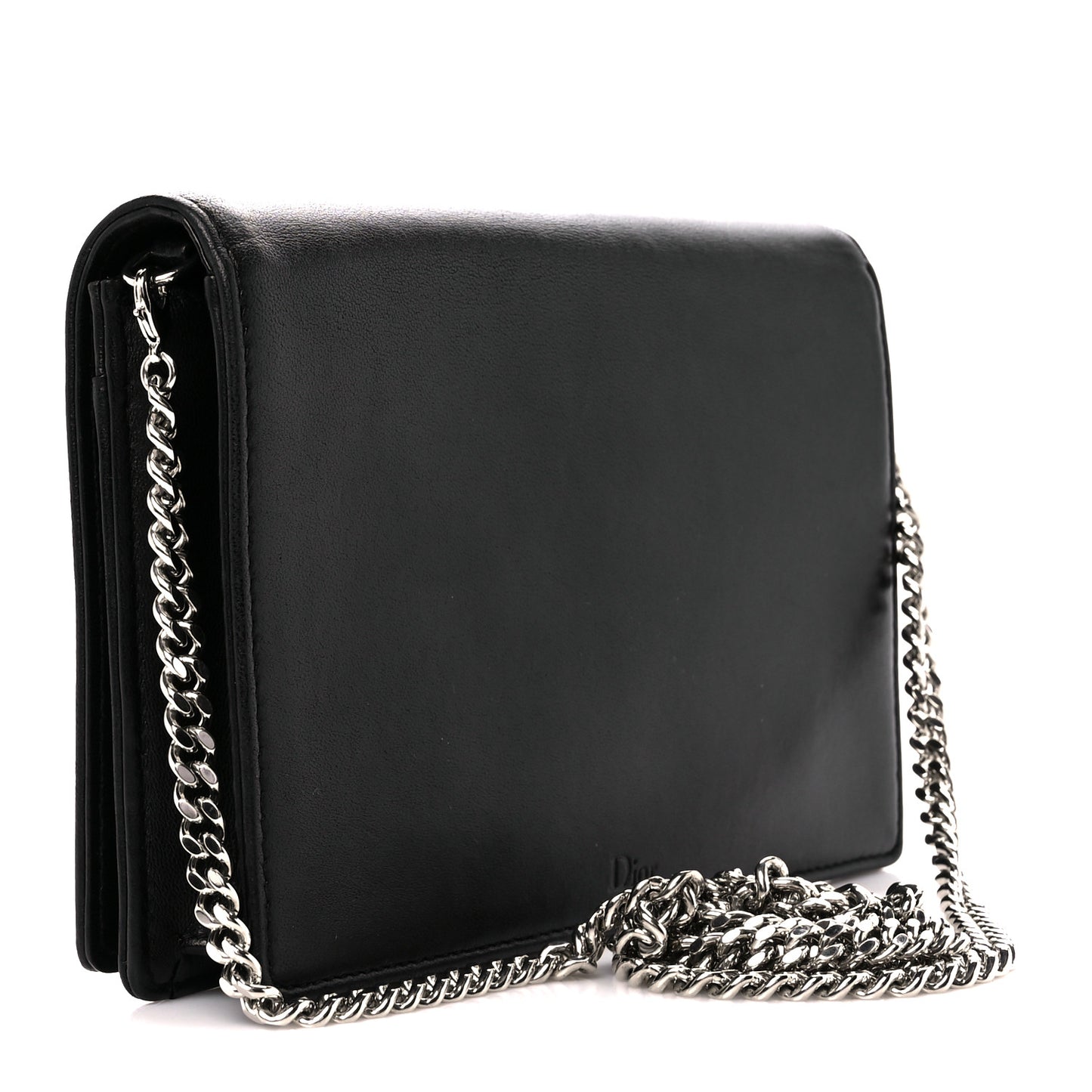 Calfskin Patch Embroidered Diorama Chain Wallet Black