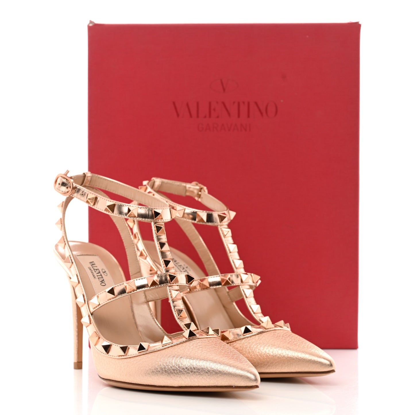 Metallic Pebbled Calfskin Rockstud Ankle Strap 100mm Pumps 36.5 Rame