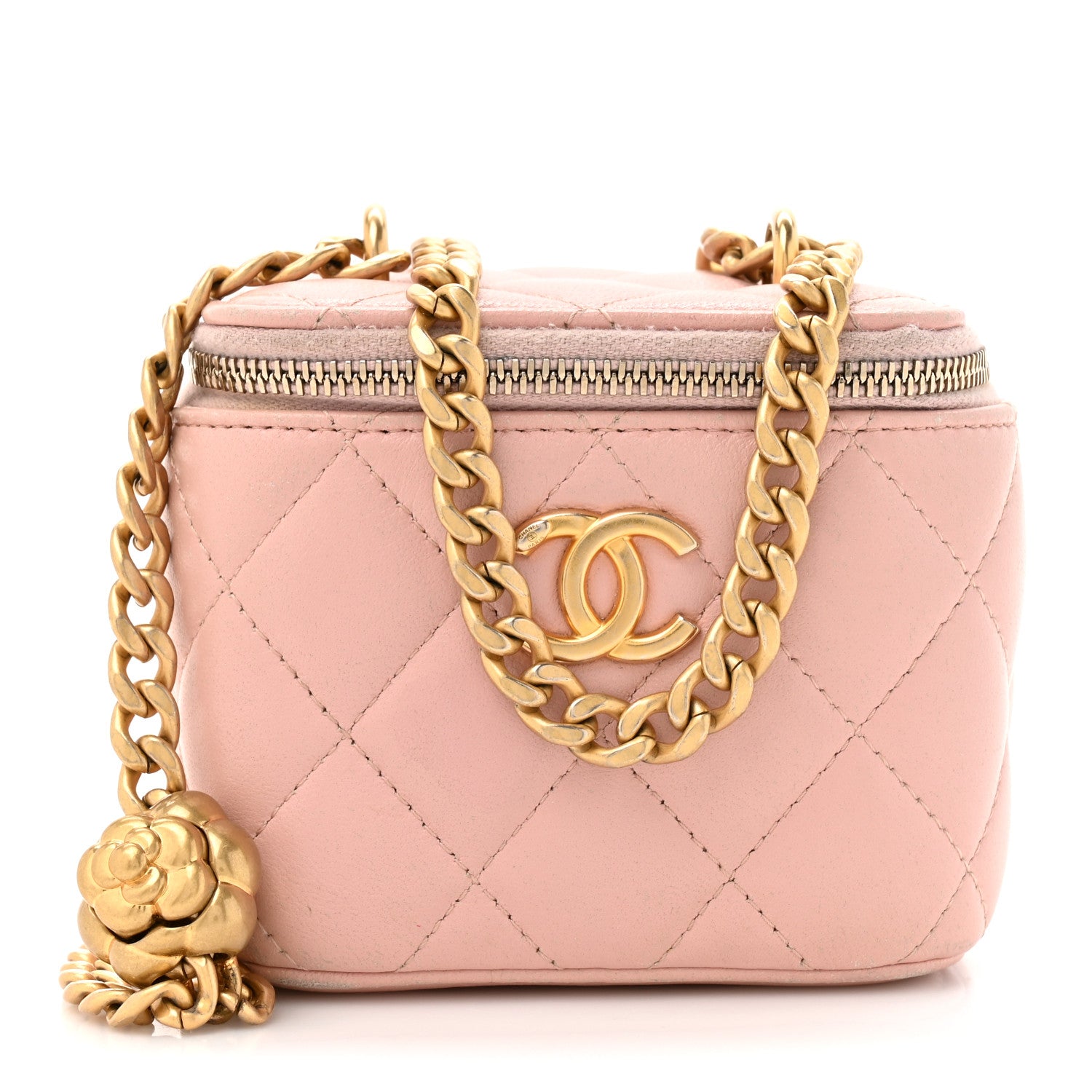 Chanel Lambskin Quilted Mini Sweet Camellia Vanity Case With Chain