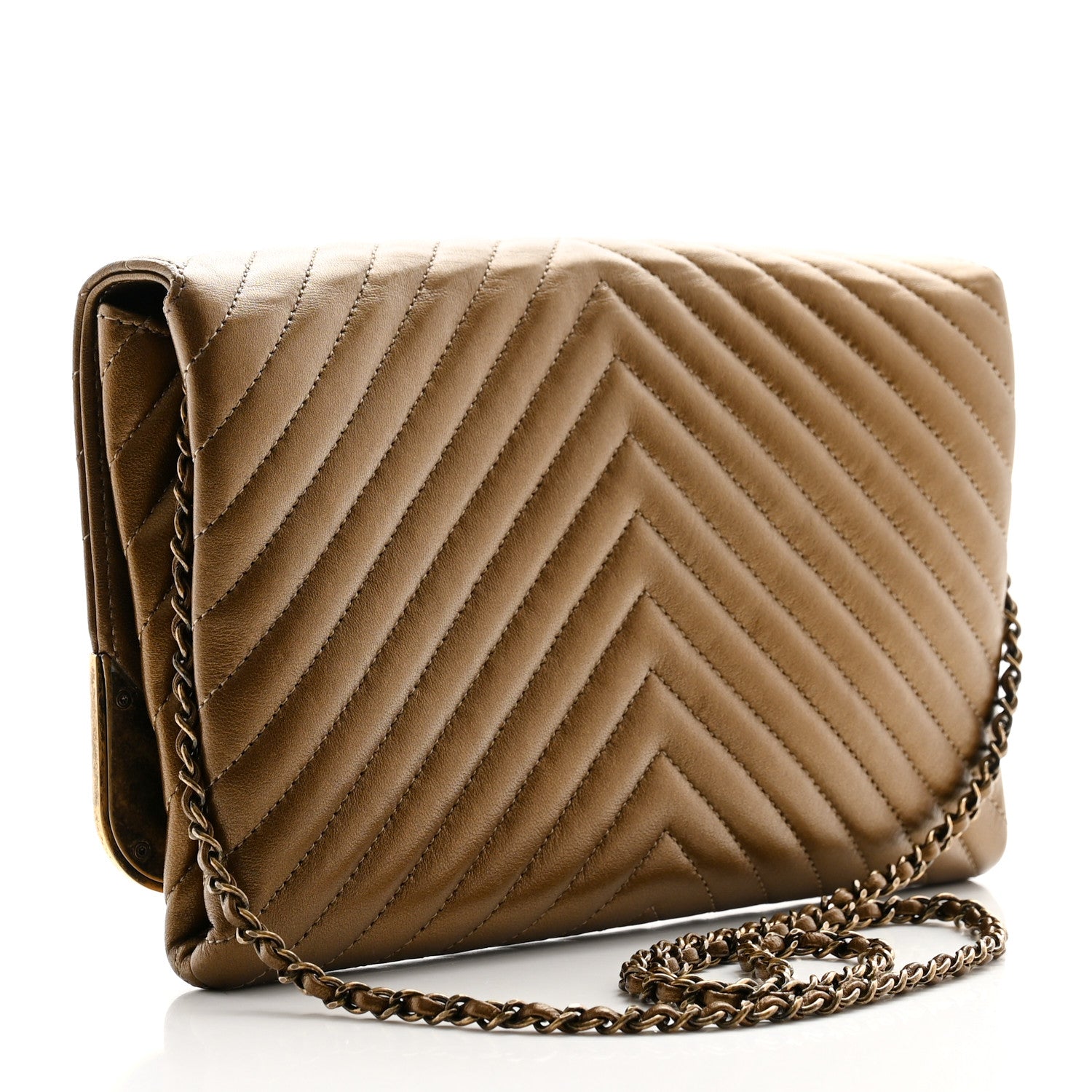 Chanel Metallic Lambskin Chevron Quilted Rock The Corner Clutch With Chain Bronze 3 of 10