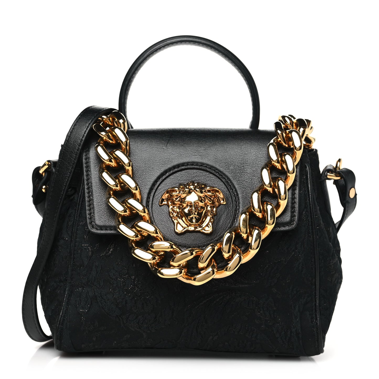 Calfskin Lurex Cloquet Small La Medusa Chain Top Handle Handbag Black