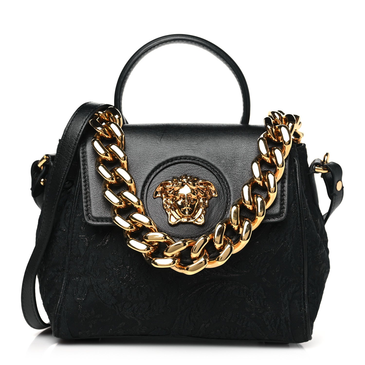 Versace Calfskin Lurex Cloquet Small La Medusa Chain Top Handle Handbag Black 1 of 9