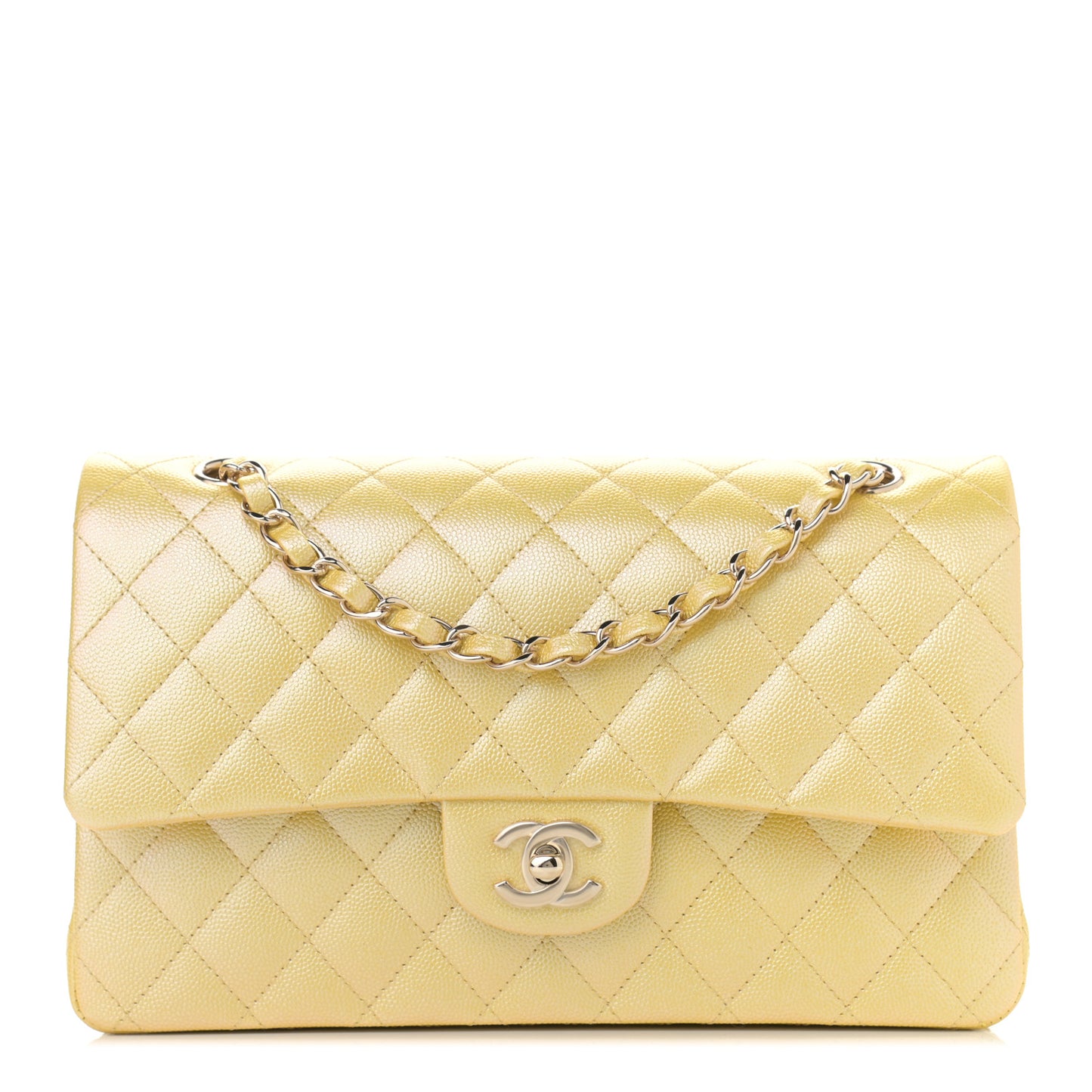 Iridescent Caviar Quilted Medium Double Flap Yellow