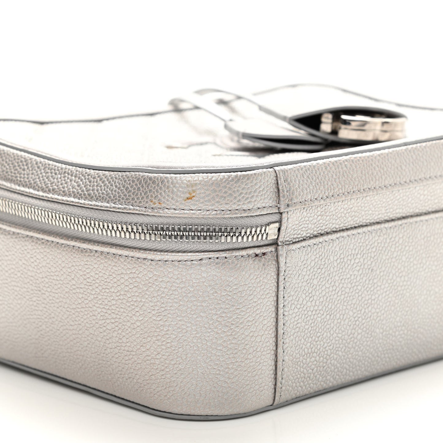 Metallic Caviar Quilted Large CC Filigree Vanity Case Silver