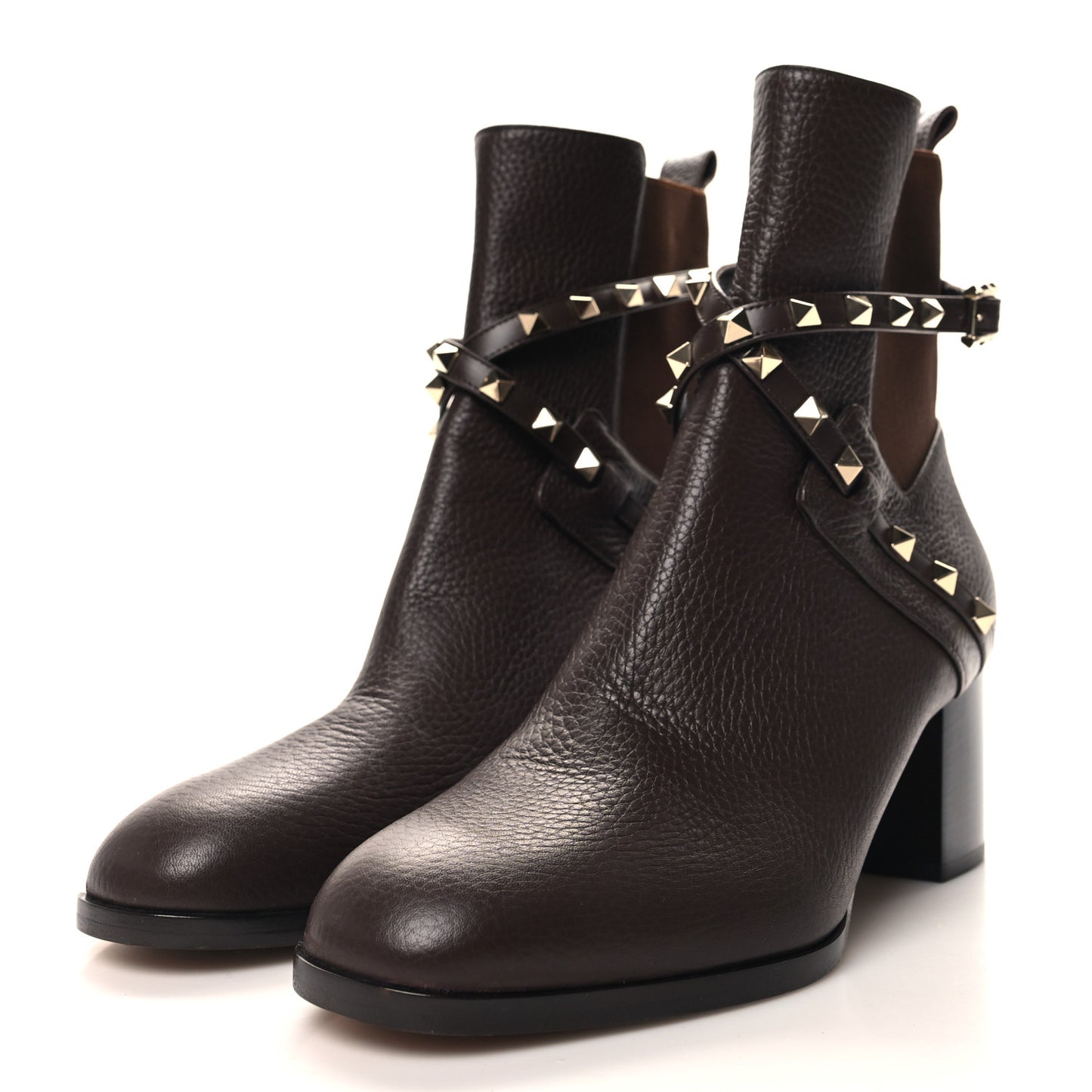 Pebbled Calfskin Rockstud Double Buckle 70mm Block Heel Ankle Boots 39.5 Fondant