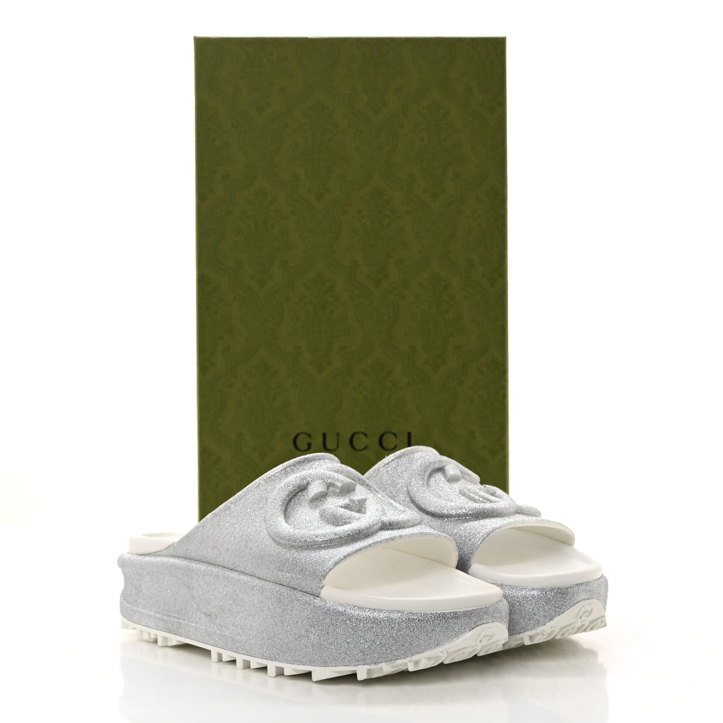Glitter Rubber Womens Interlocking G Platform 42mm Slide Sandals 37 Silver
