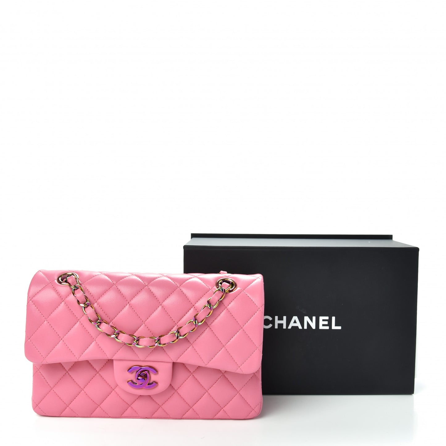 Lambskin Quilted Small Double Flap Pink Yellow