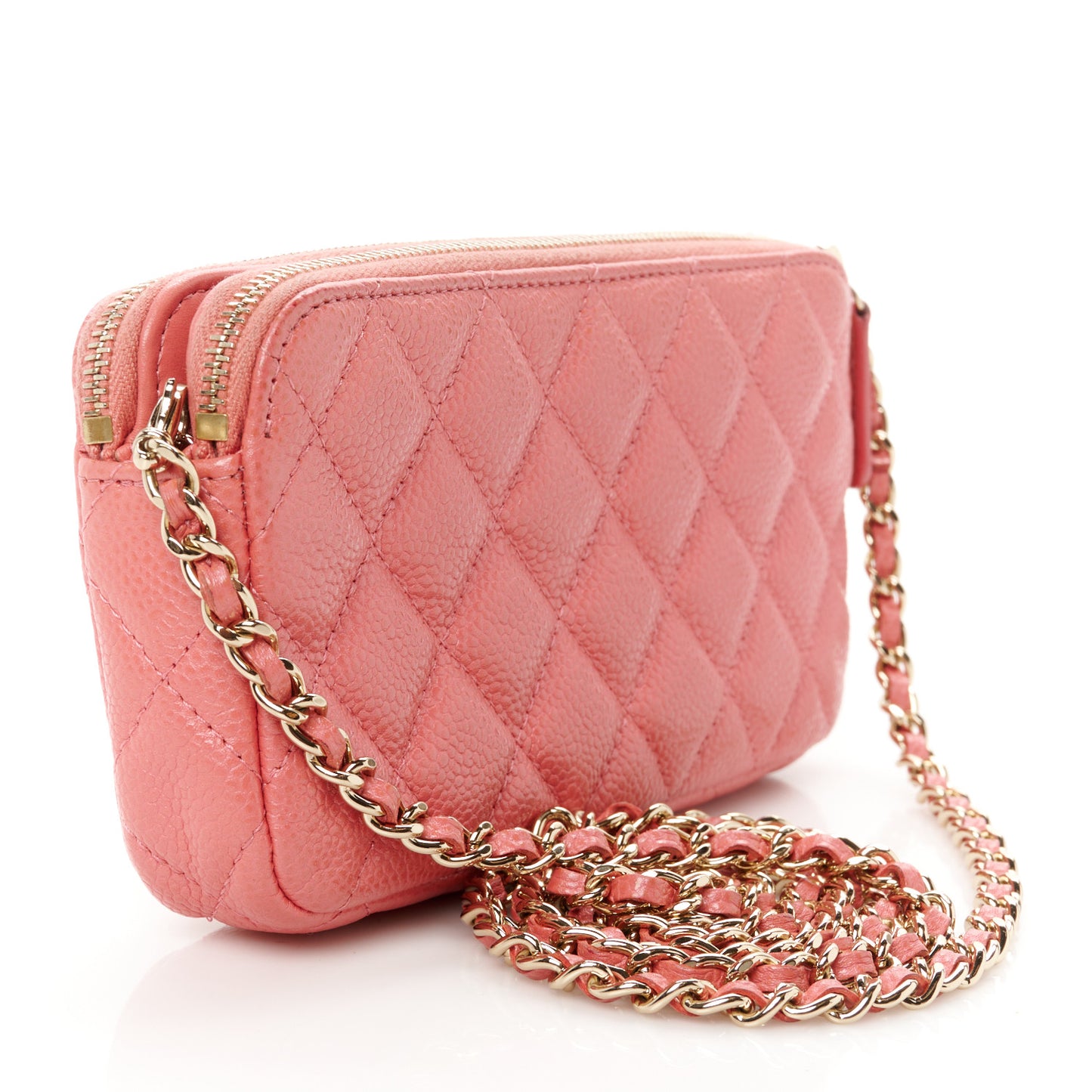 Iridescent Caviar Quilted Small Clutch With Chain Pink