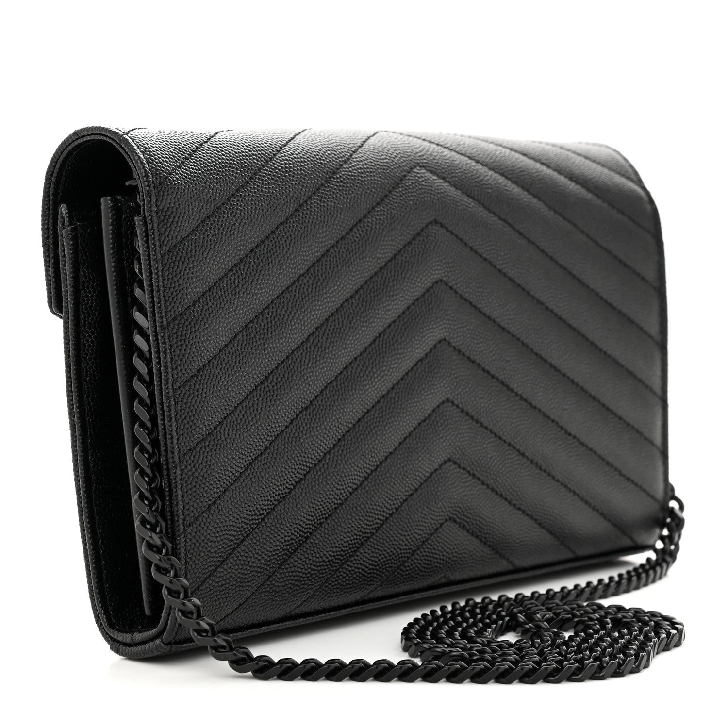 Saint Laurent Grain De Poudre Matelasse Chevron Monogram Monochrome Chain Wallet Black 3 of 12