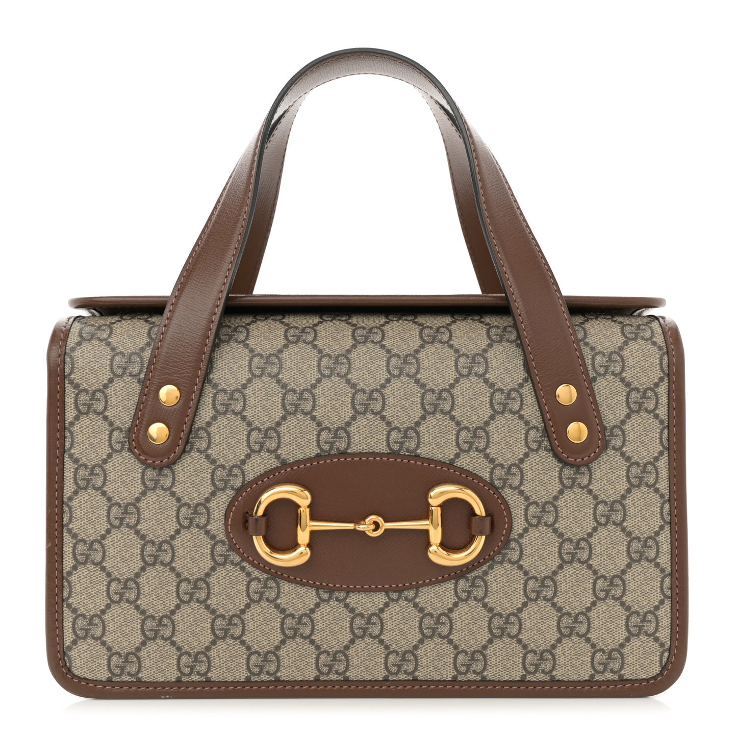 GG Supreme Monogram Azalea Calfskin Small Horsebit 1955 Foldover Top Handle Bag Beige Ebony Brown Sugar