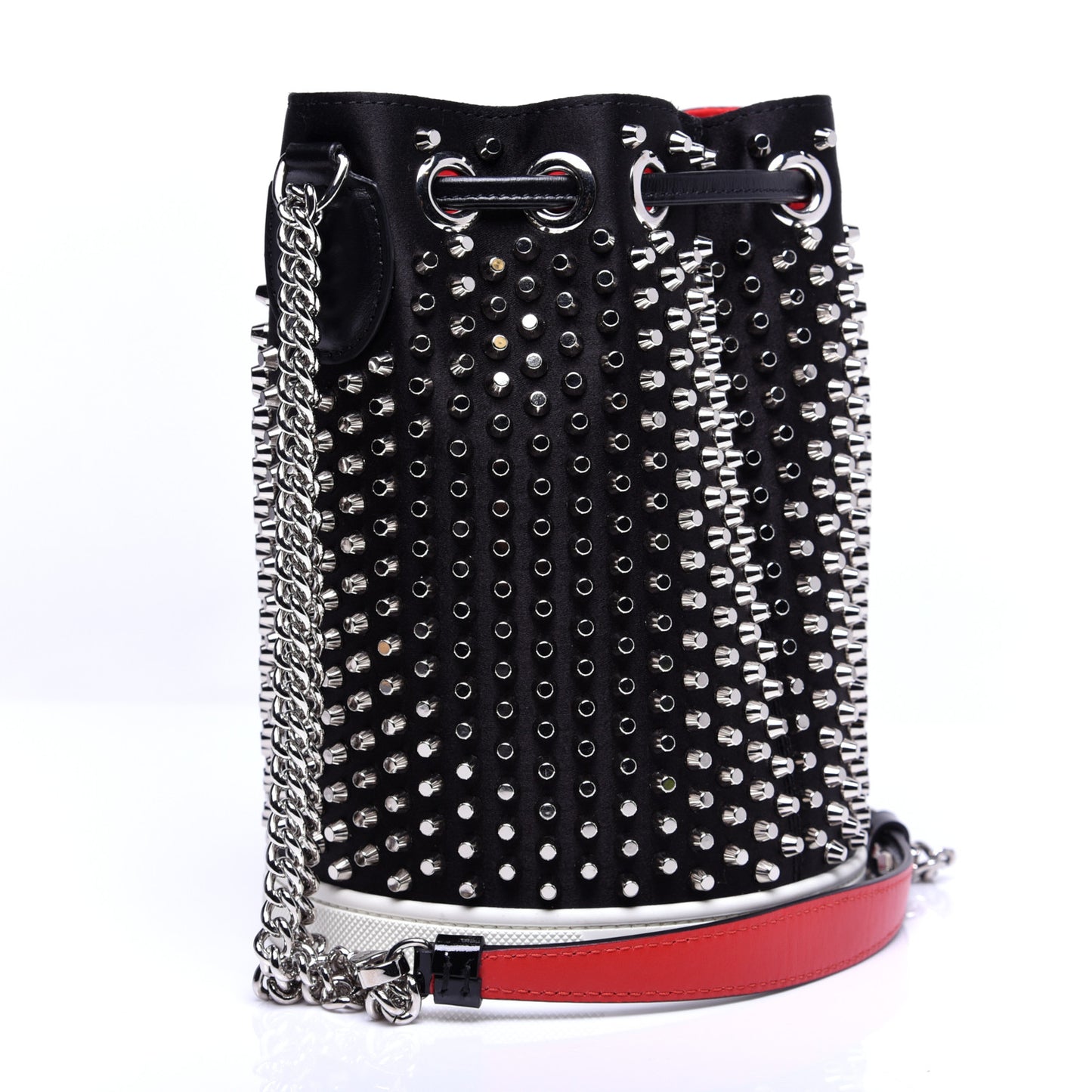 Silk Satin Calfskin Marie Jane Loubirun Studded Bucket Black Silver