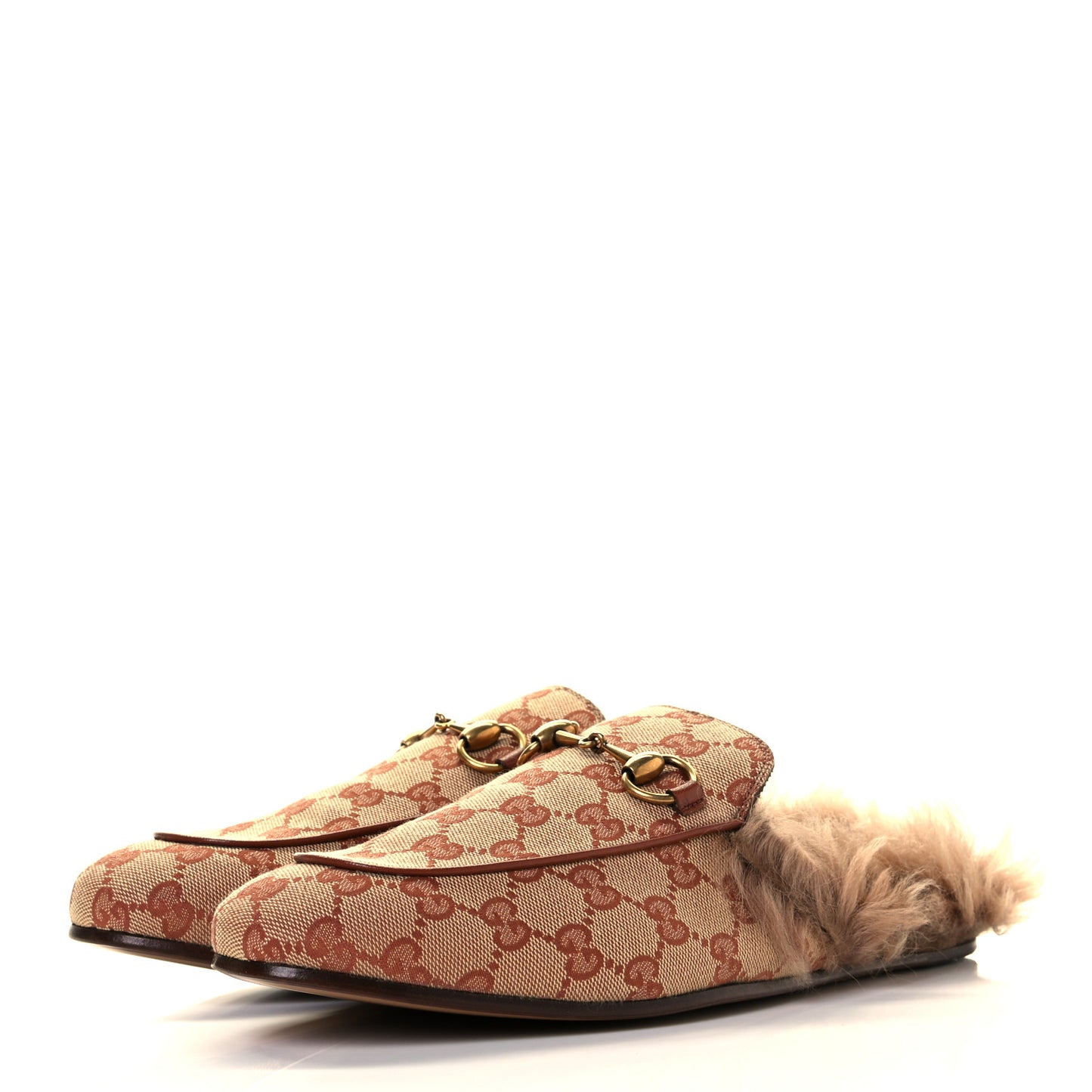 GG Monogram Fur Mens Princetown Slippers 7.5 Beige Ruggine Rust