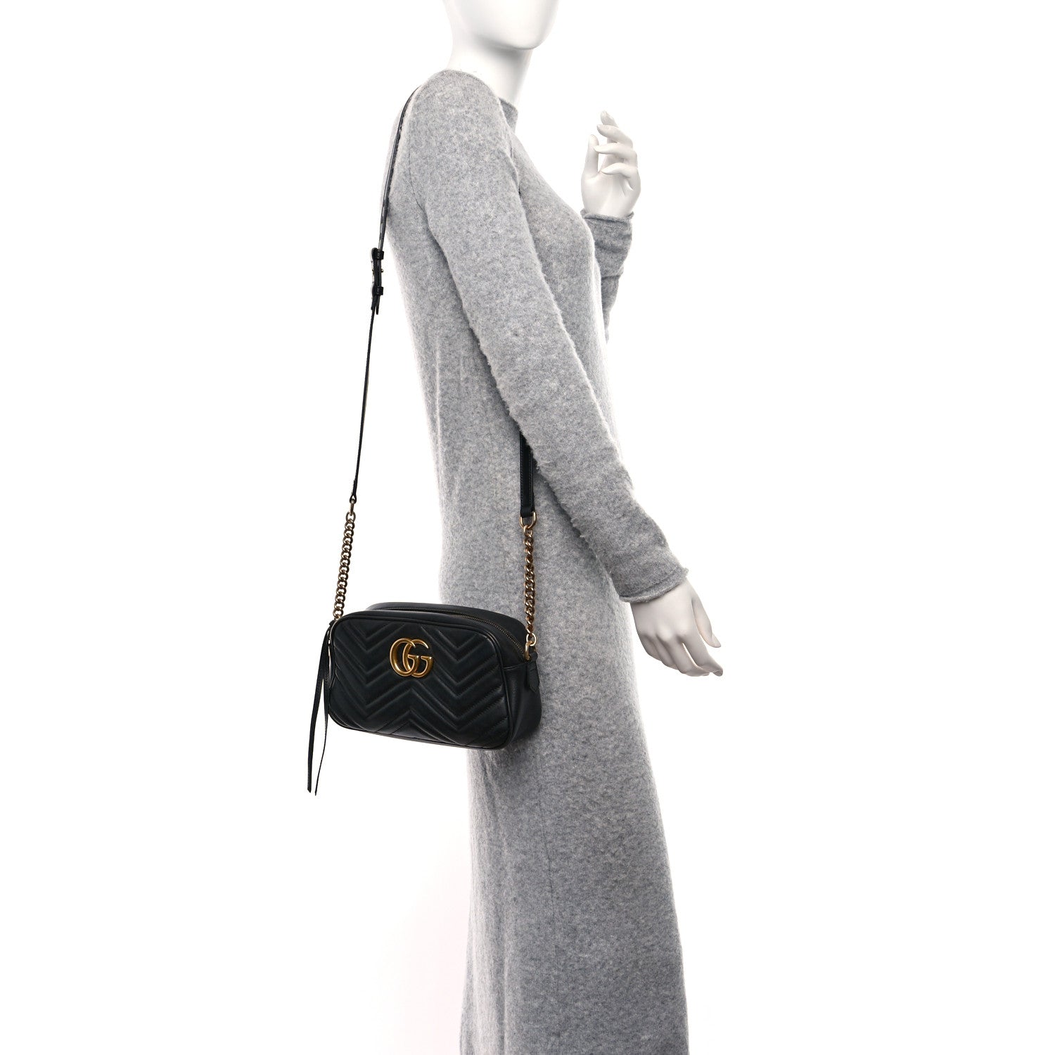 Gucci Calfskin Matelasse Small GG Marmont Chain Shoulder Bag Black 2 of 9