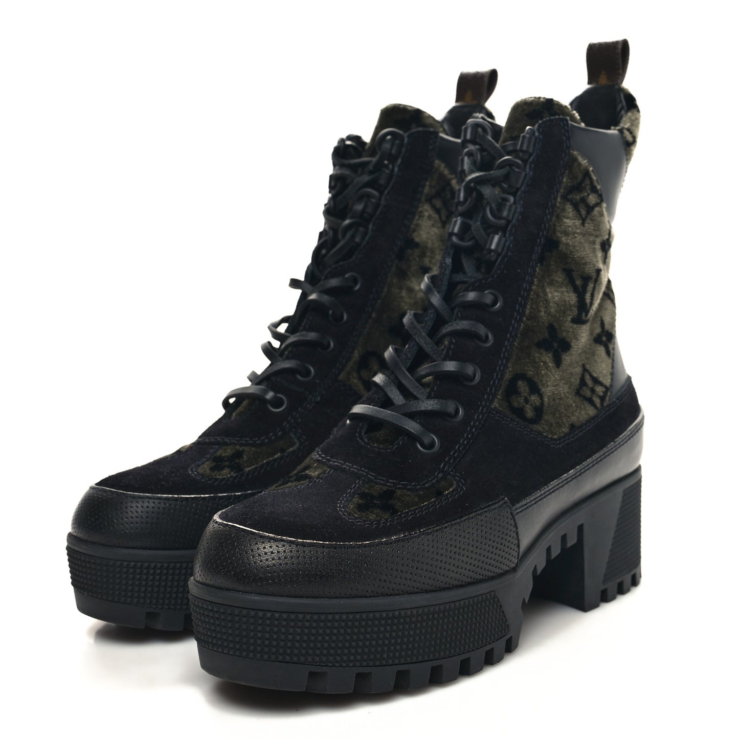 Velvet Calfskin Monogram Laureate Platform Desert Boots 37 Black Green