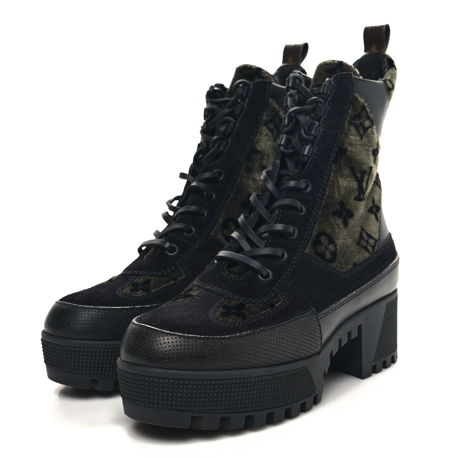 Louis Vuitton Velvet Calfskin Monogram Laureate Platform Desert Boots 37 Black Green 3 of 9