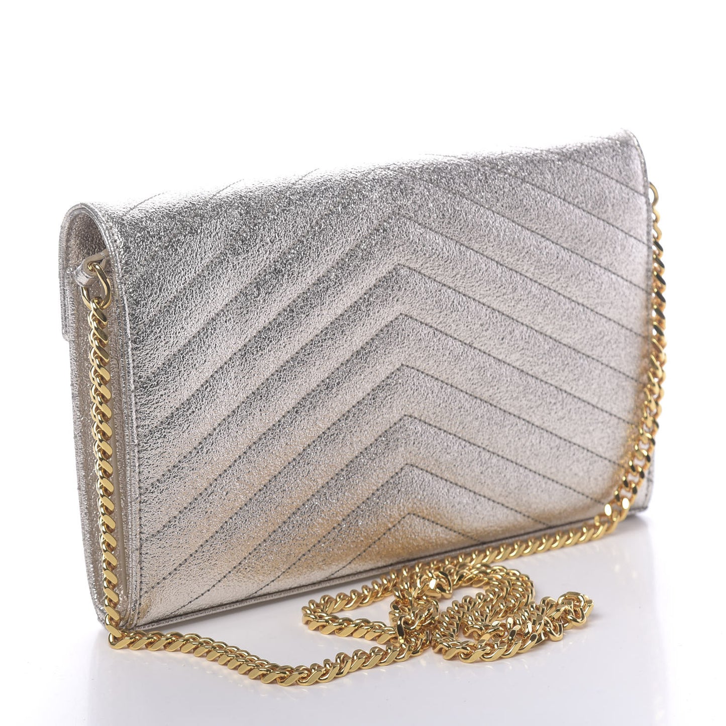 Metallic Crackled Calfskin Matelasse Chevron Monogram Chain Wallet Platine