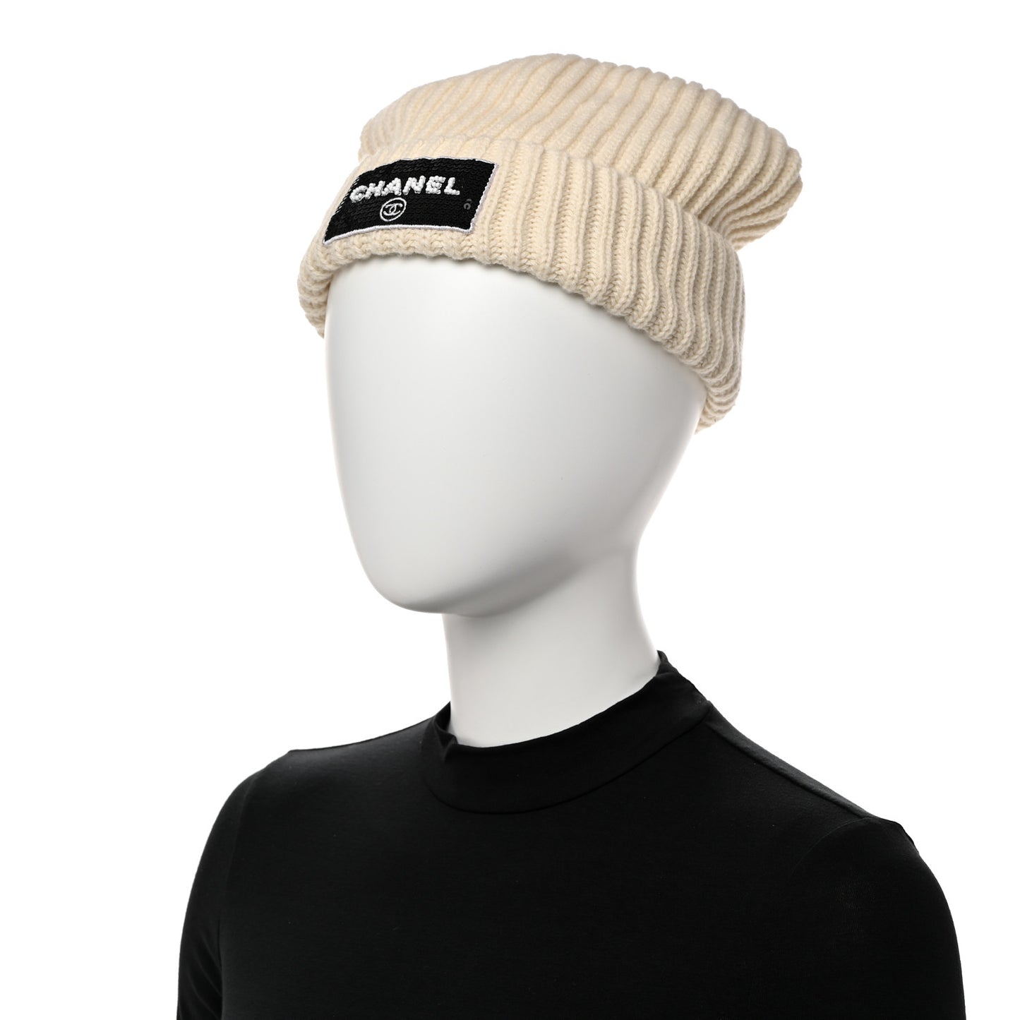 Cashmere Beaded Sequin Logo Beanie Hat Ivory Black