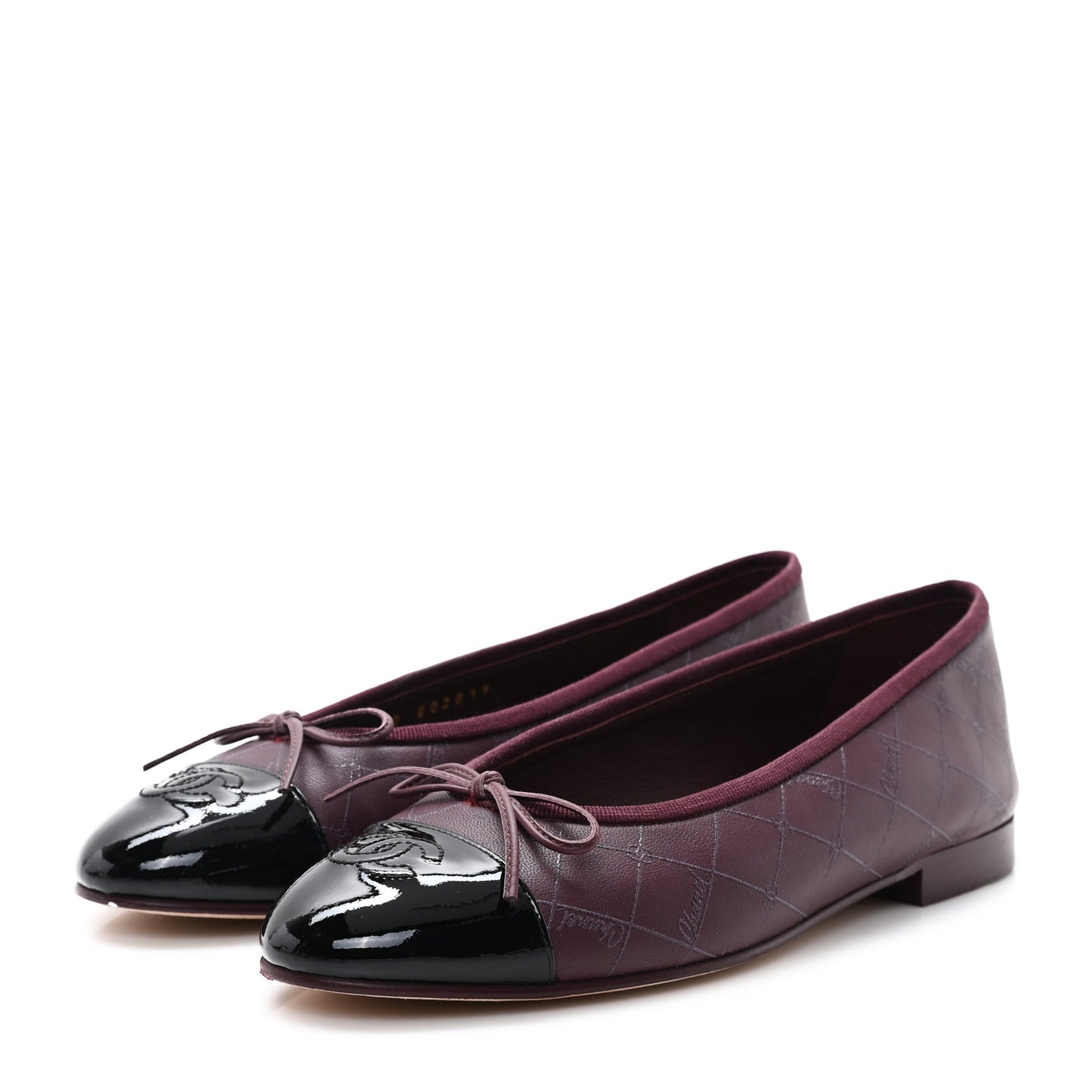 Printed Lambskin Patent CC Cap Toe Ballerina Flats 38 Burgundy Black