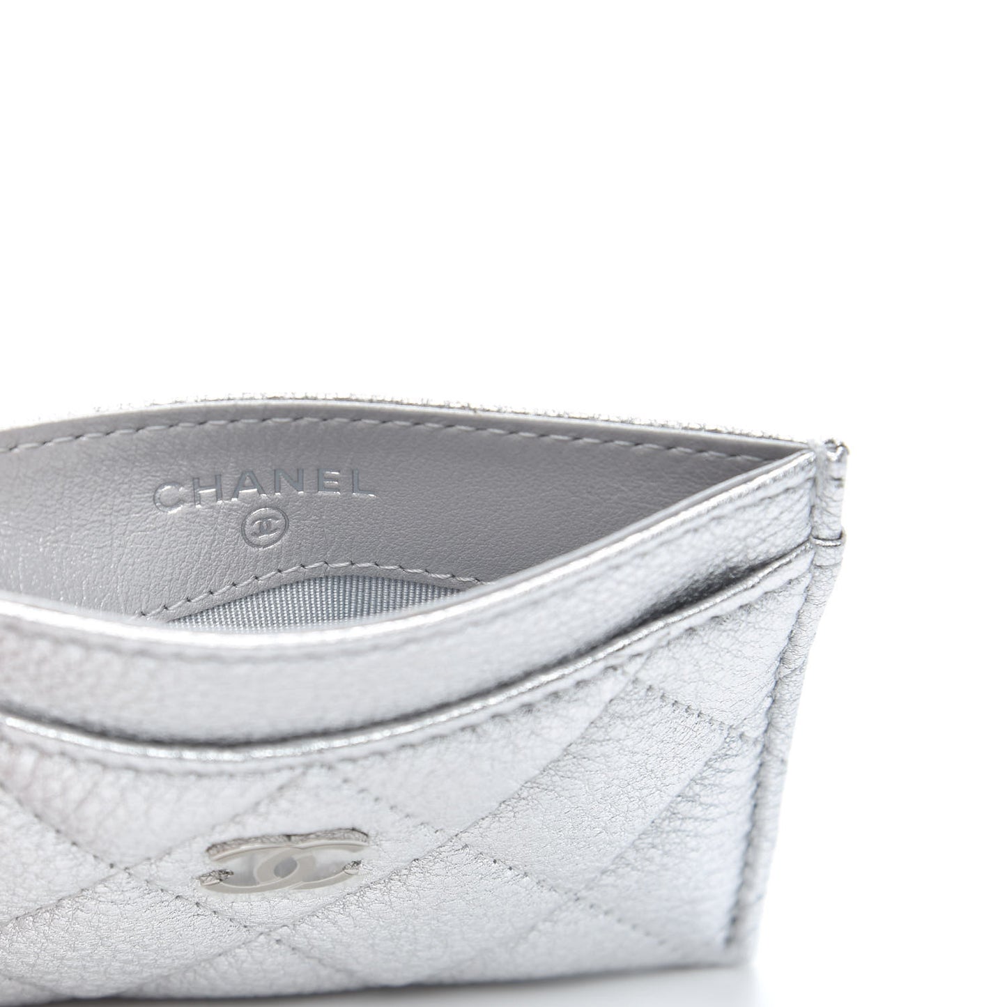 Metallic Lambskin Quilted Card Holder Silver