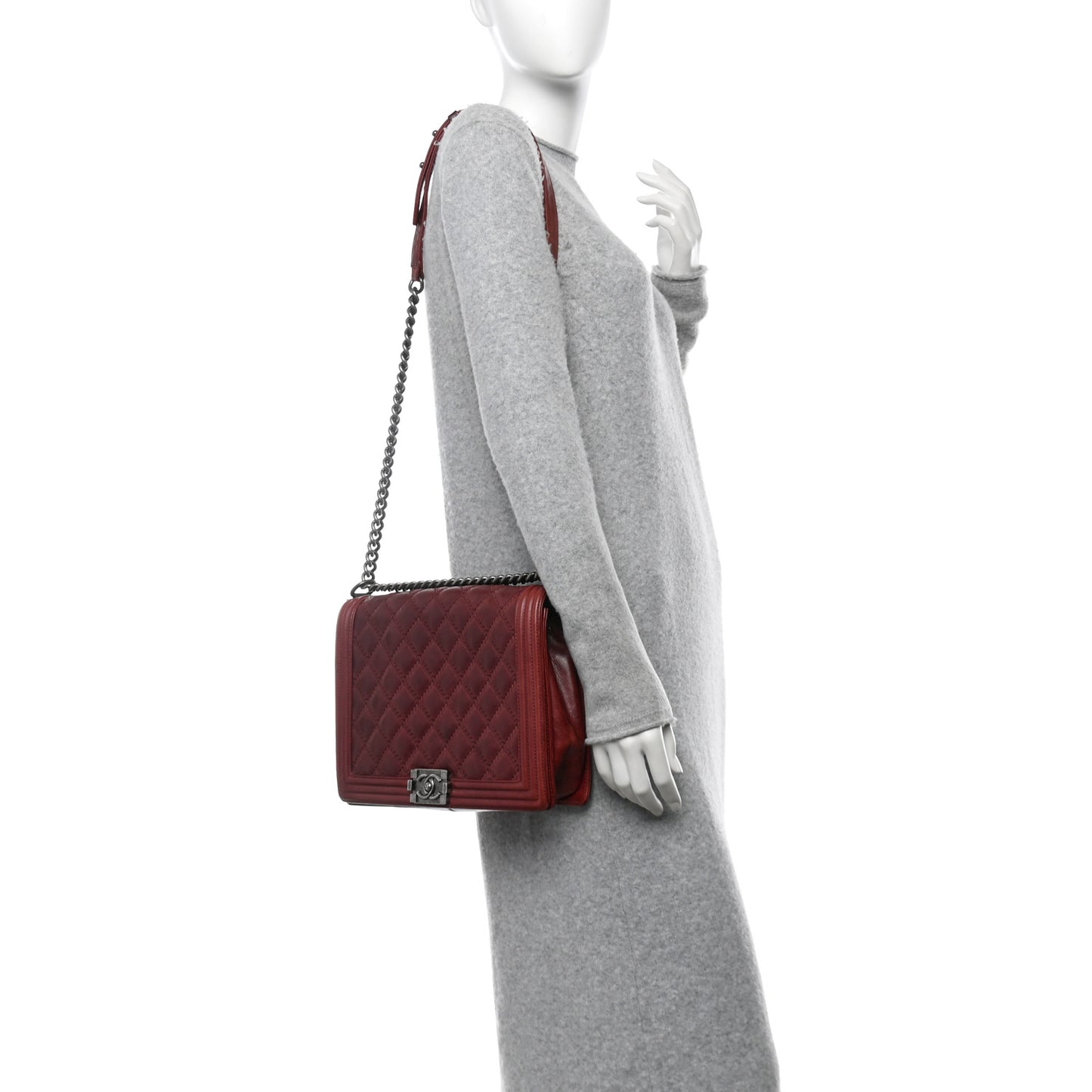 Calfskin Quilted Double Stitch Large Boy Flap Burgundy