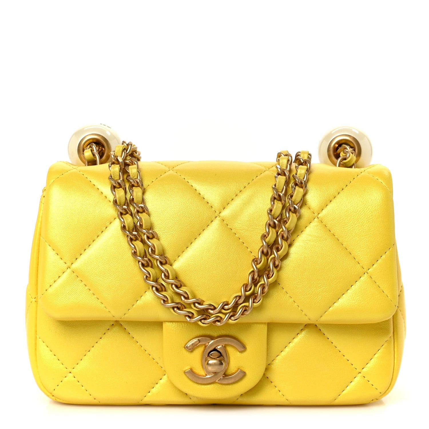 Chanel Pearly Lambskin Pearl Quilted Mini Flap Yellow Yellow