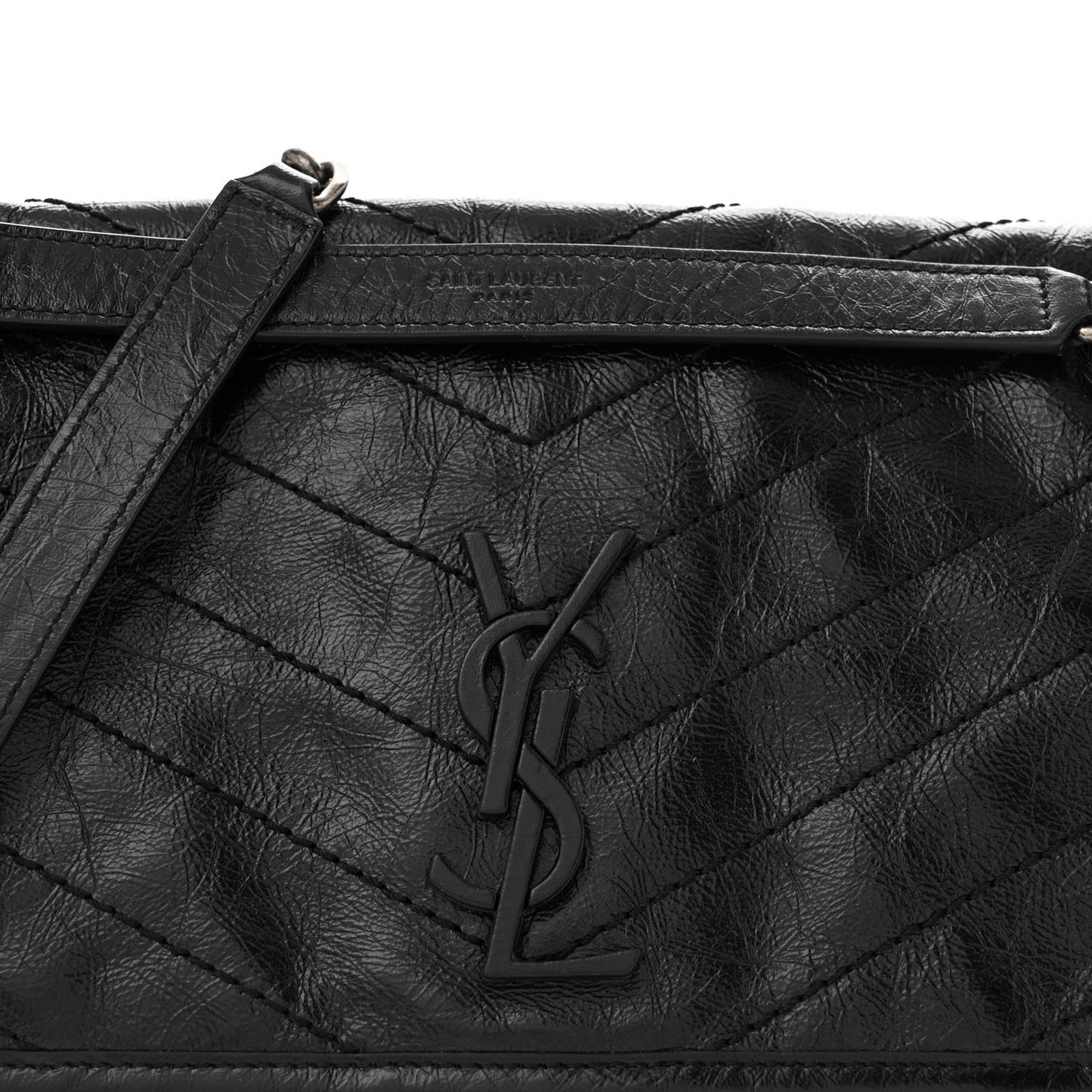 Crinkled Calfskin Matelasse Monogram Medium Niki Chain Satchel Black