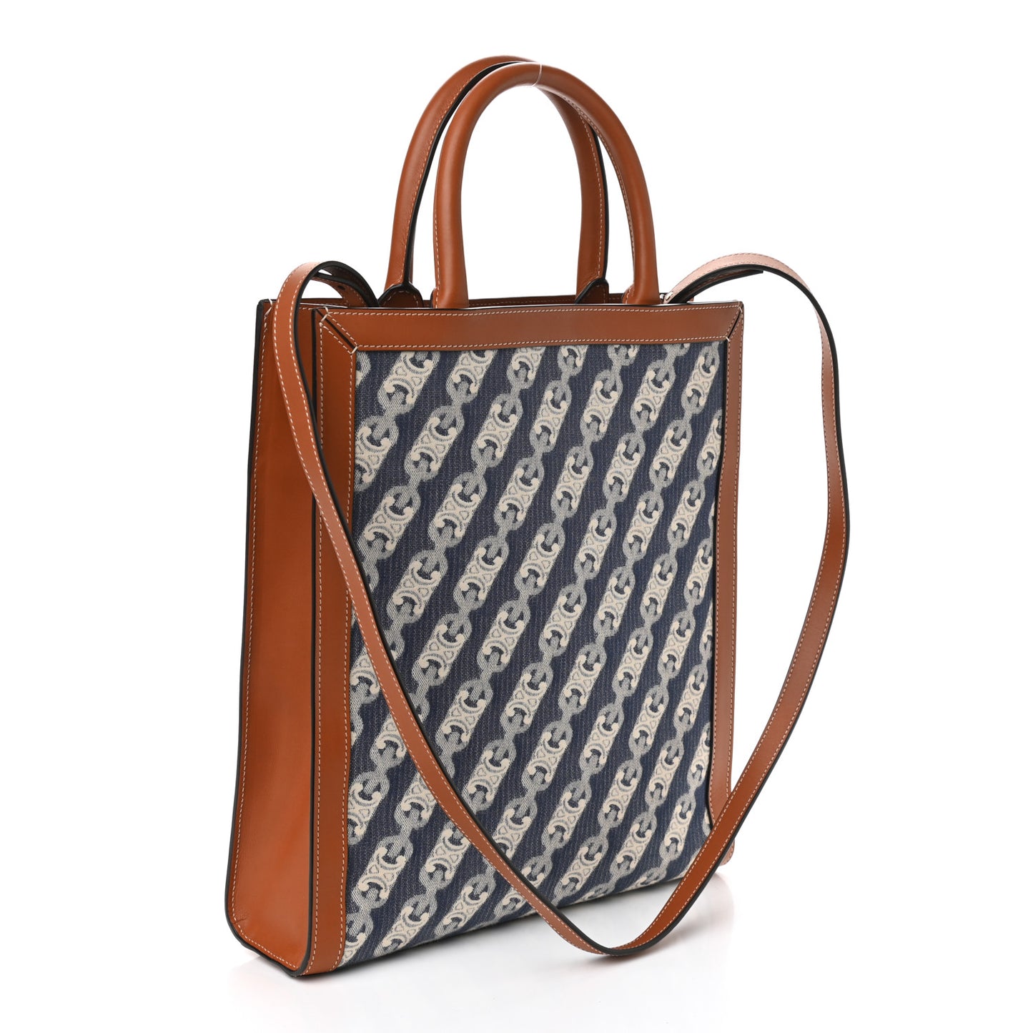 Maillon Triomphe Canvas Calfskin Small Vertical Cabas Navy Tan