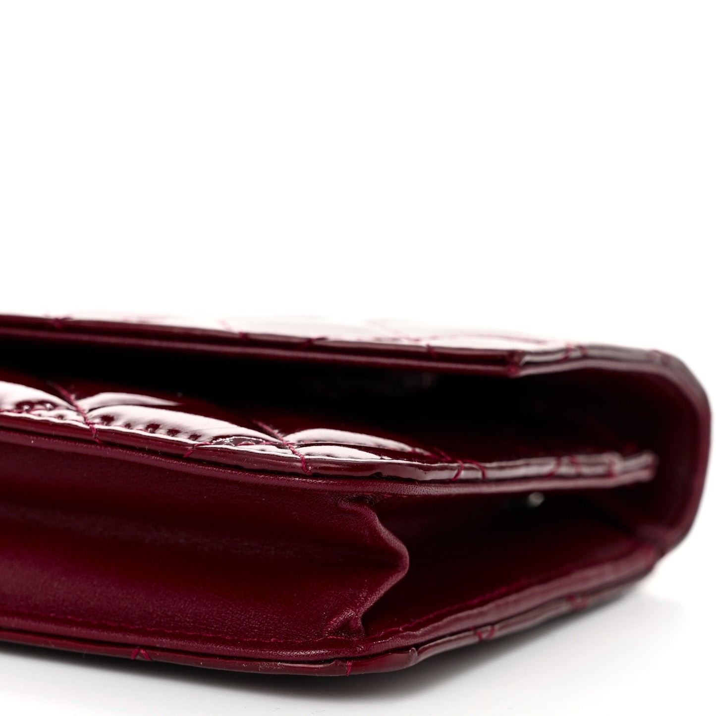 Patent Quilted Brilliant Wallet On Chain WOC Dark Burgundy