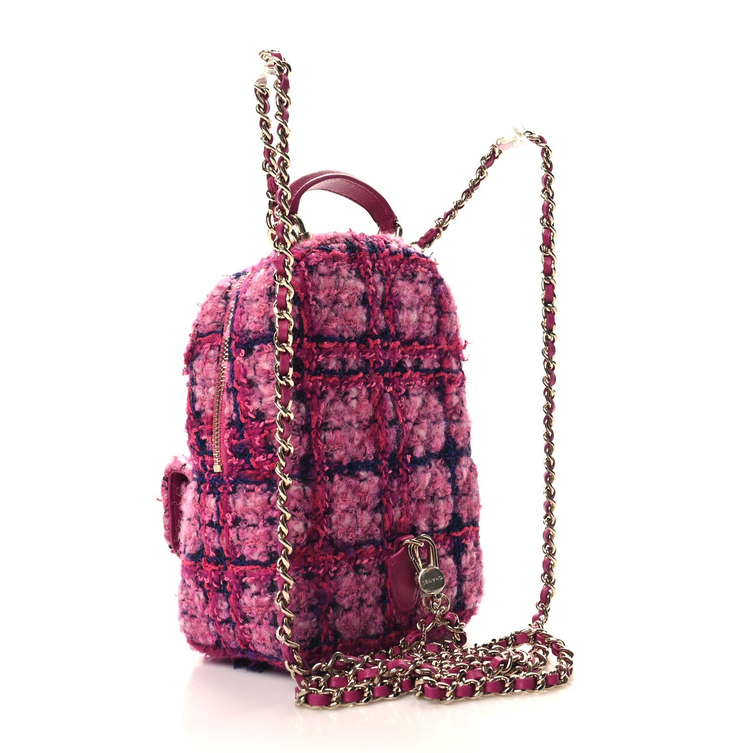 Chanel Tweed Quilted CC Mini Classic Backpack Fuchsia Navy 2 of 11