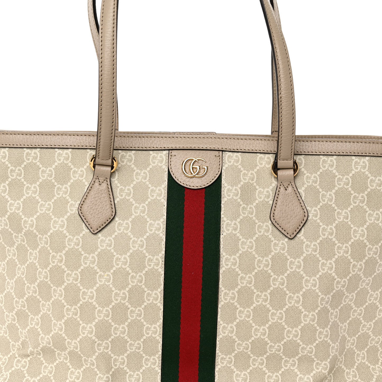 GG Supreme Monogram Textured Dollar Calfskin Web Medium Ophidia Shopping Tote Beige Mystic White Oatmeal