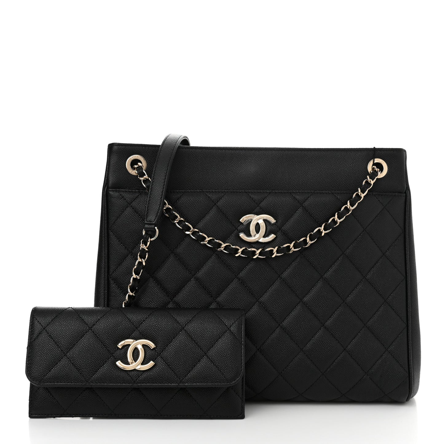 Caviar Quilted In Out Flap Shopping Tote Black