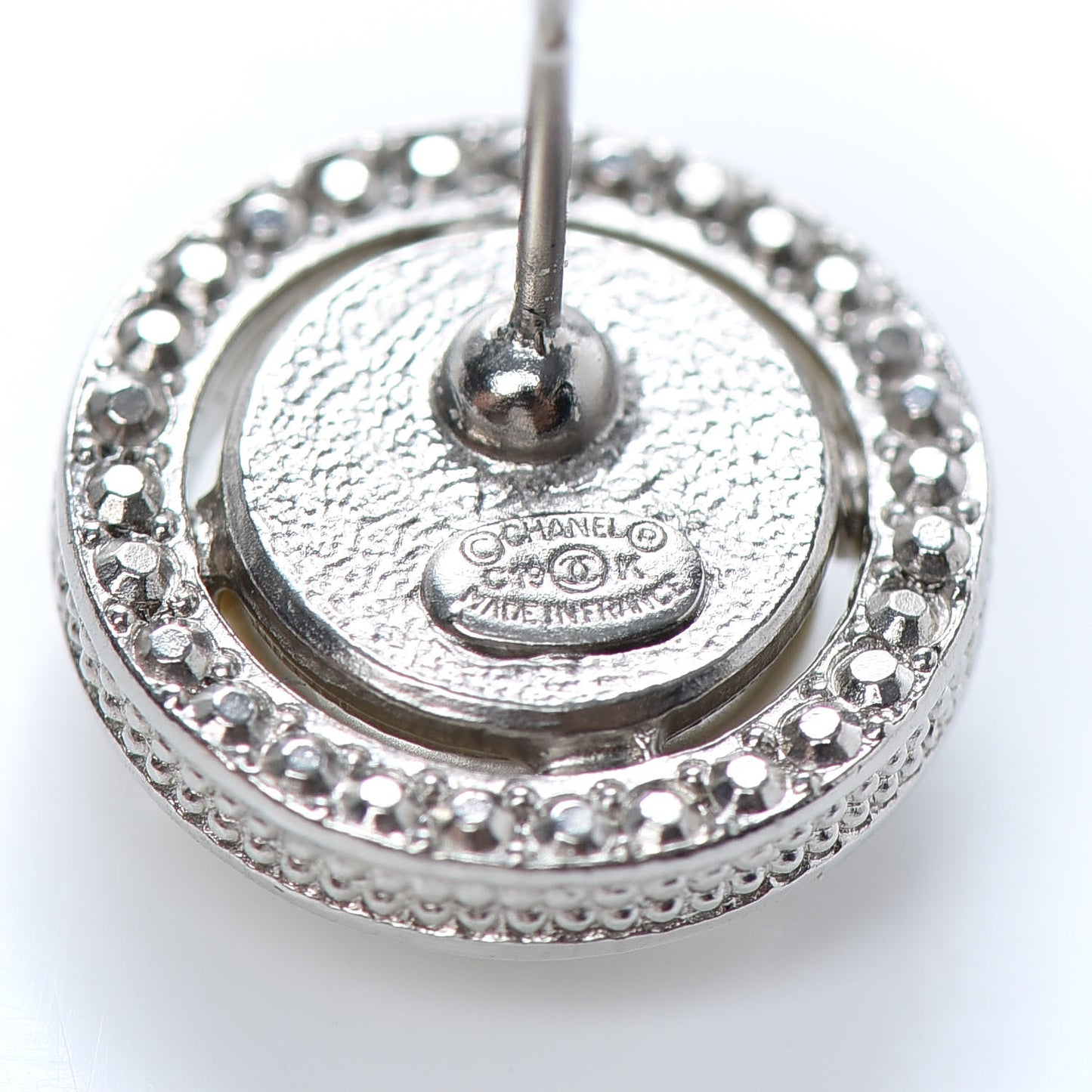 Pearl Crystal CC Round Earrings Silver