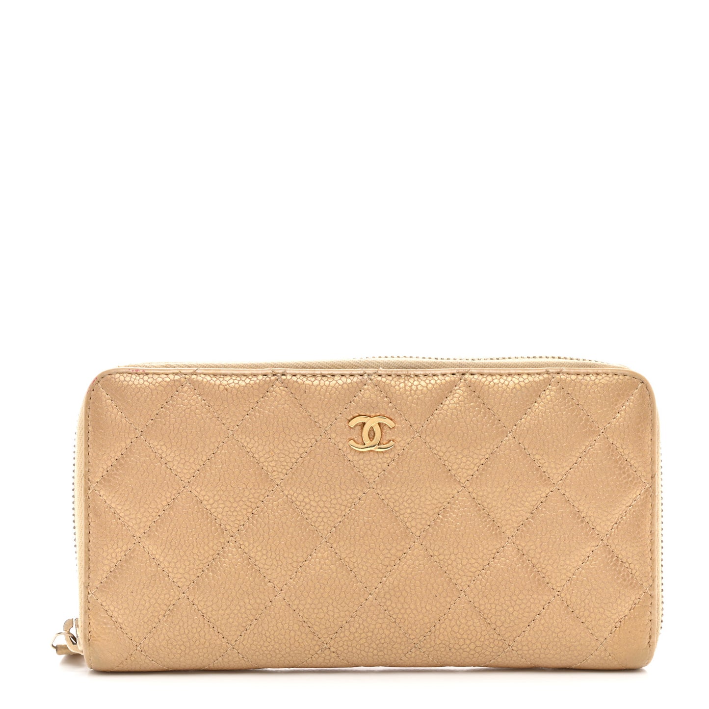 Iridescent Caviar Quilted Large Gusset Zip Around Wallet Beige Clair