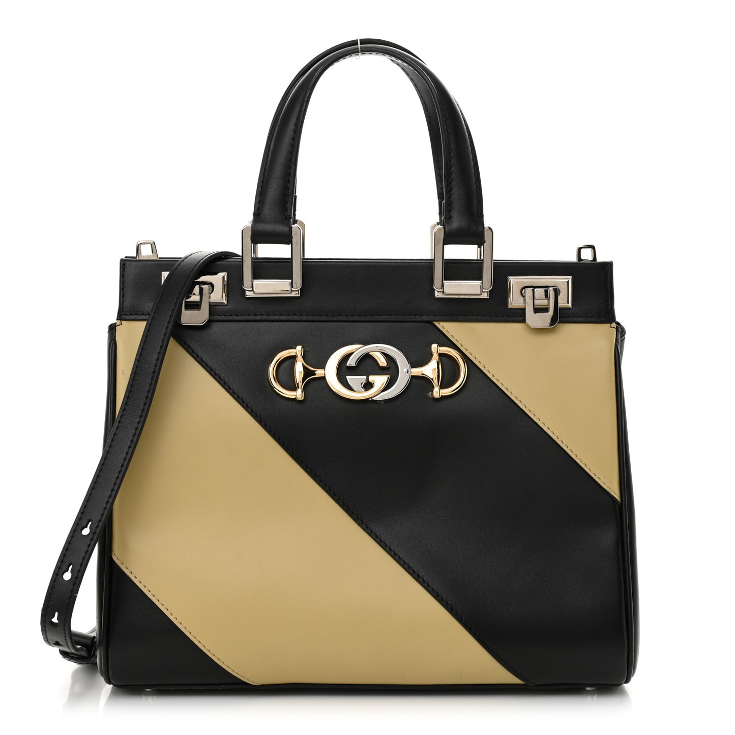 Smooth Calfskin Diagonal Striped Small Zumi Top Handle Bag Black Beige