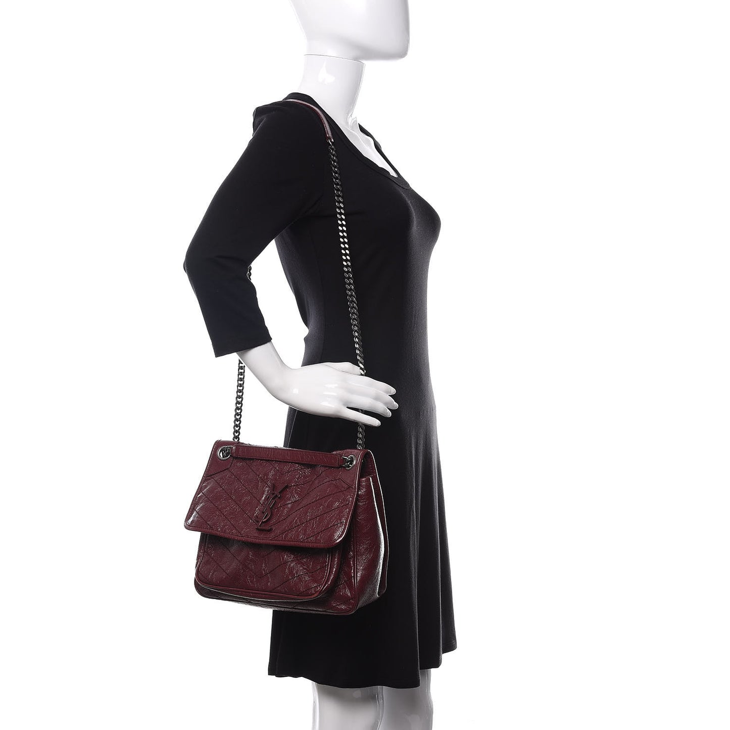Crinkled Calfskin Matelasse Monogram Medium Niki Chain Satchel Burgundy
