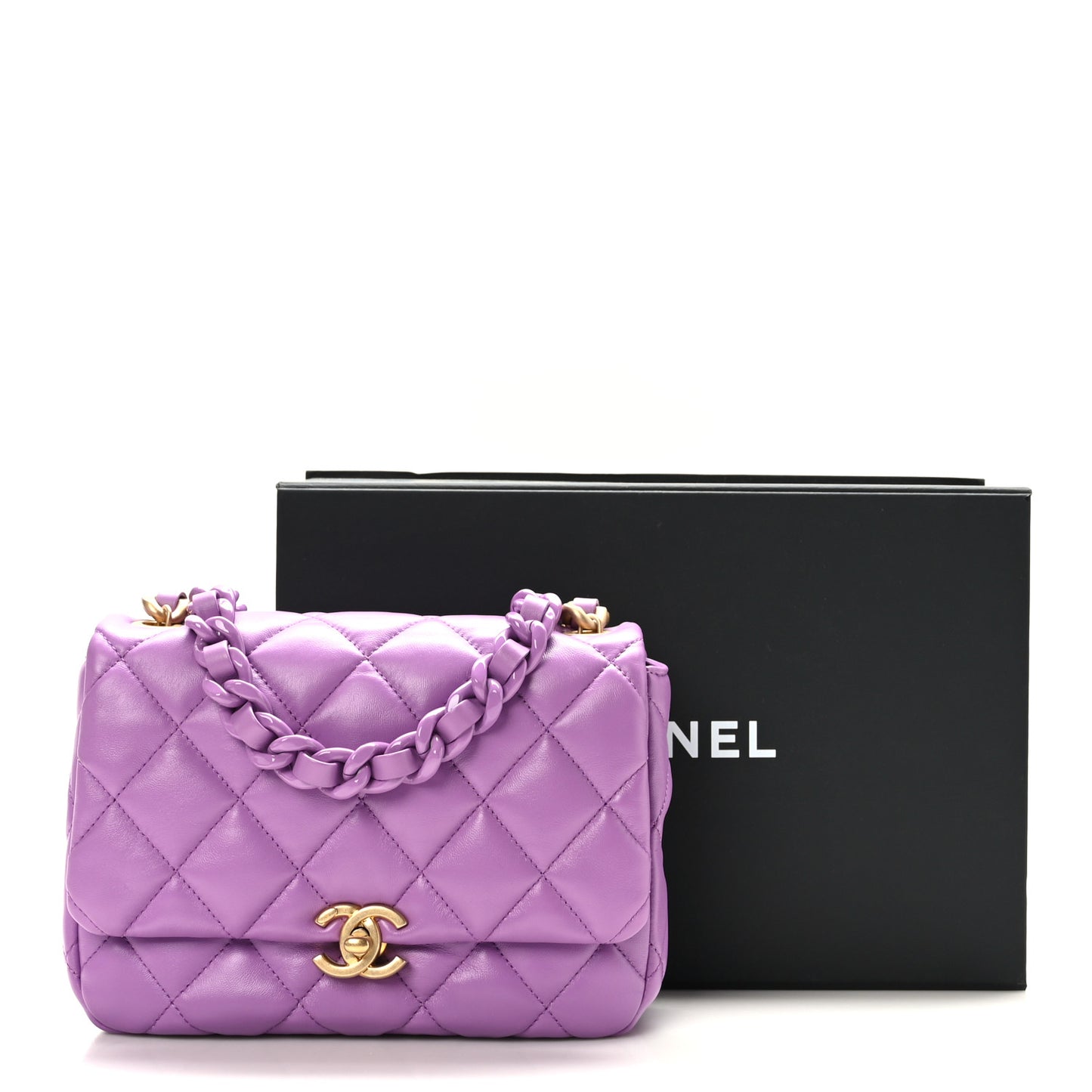 Lambskin Quilted Small Lacquered Chain Flap Purple