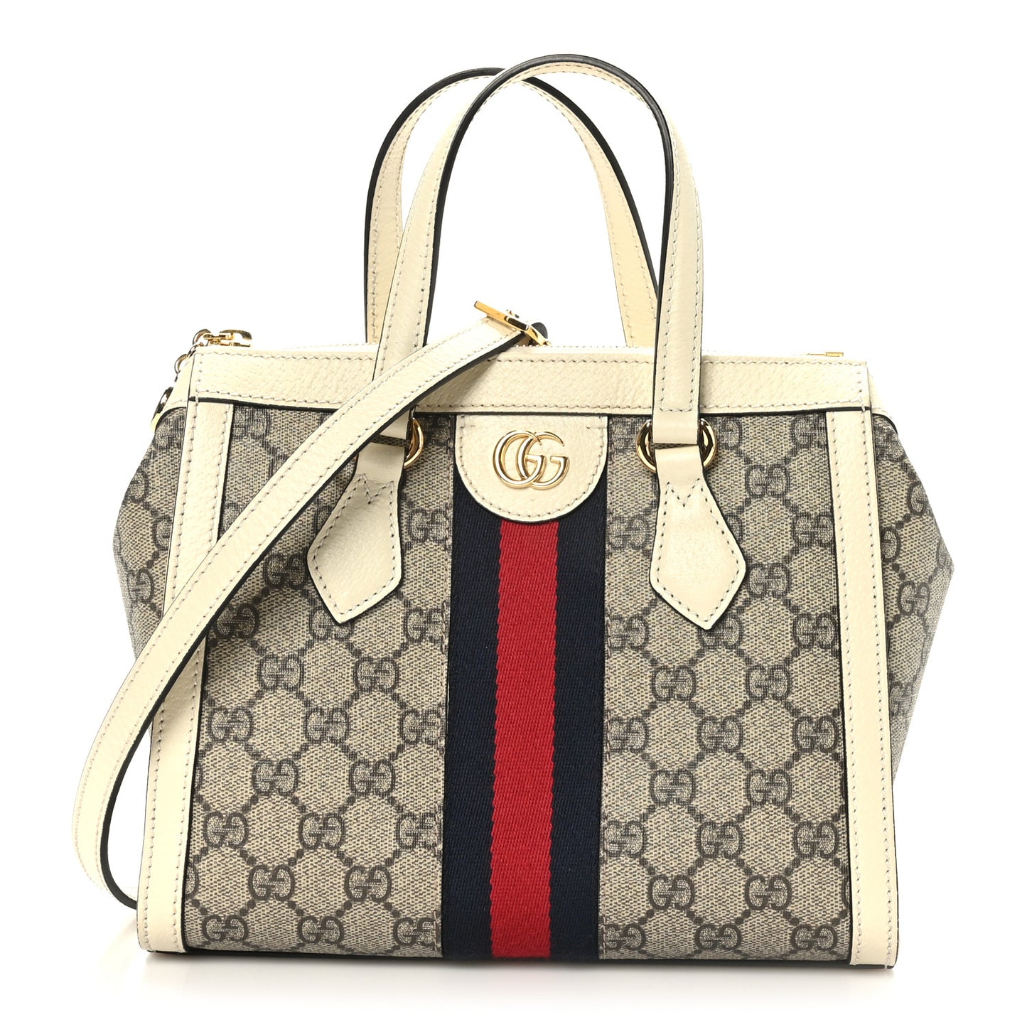 GG Supreme Monogram Textured Dollar Calfskin Web Small Ophidia Tote Bag Beige Ebony Mystic White
