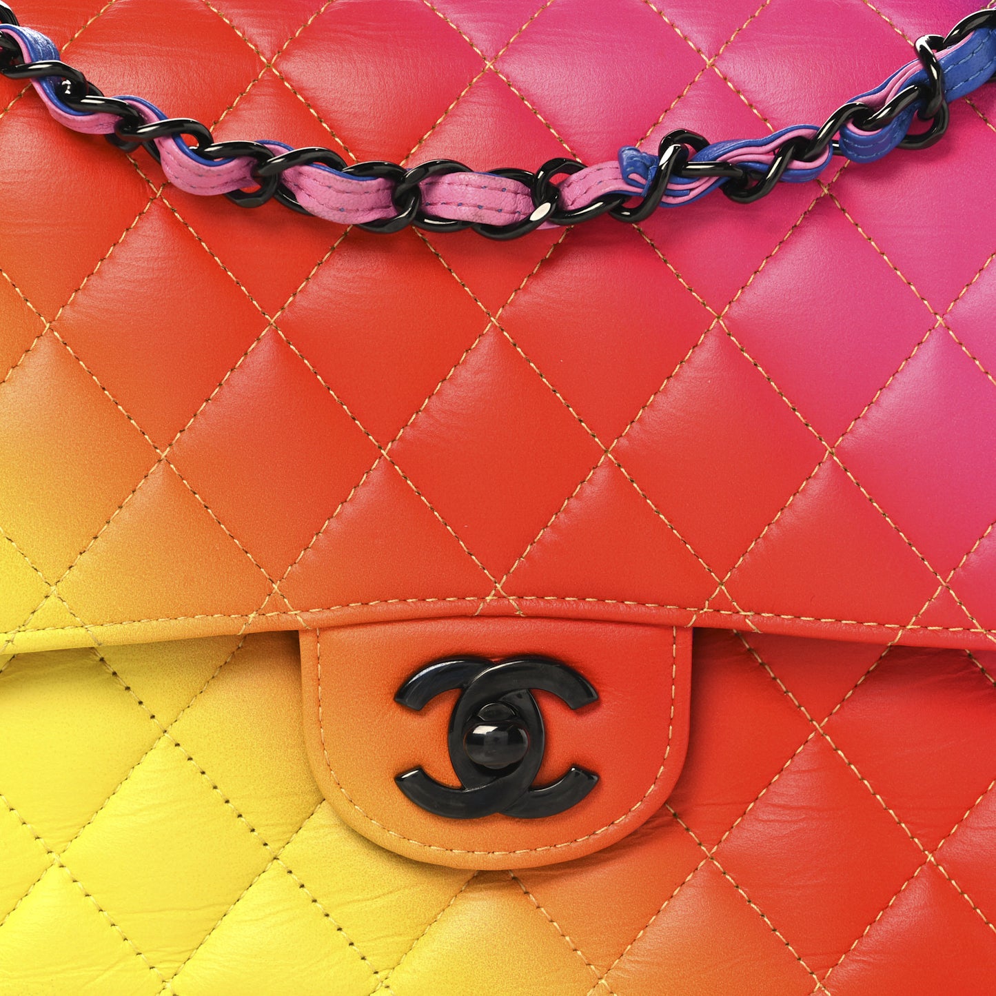 Calfskin Quilted Medium Rainbow Double Flap Multicolor