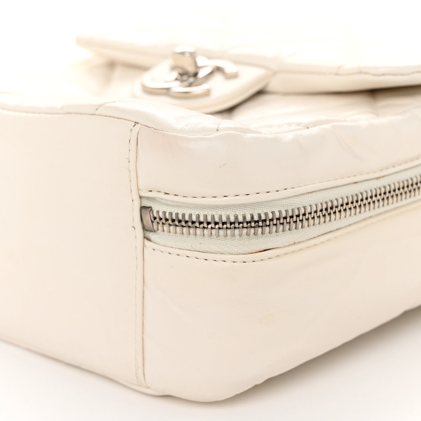 Aged Calfskin Quilted Top Handle Camera Case White
