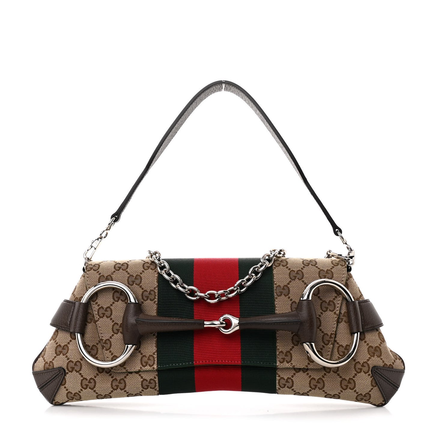 Monogram Textured Dollar Calfskin Heavy Grosgrain Web Medium Maxi Horsebit Chain Shoulder Bag Beige Ebony New Acero