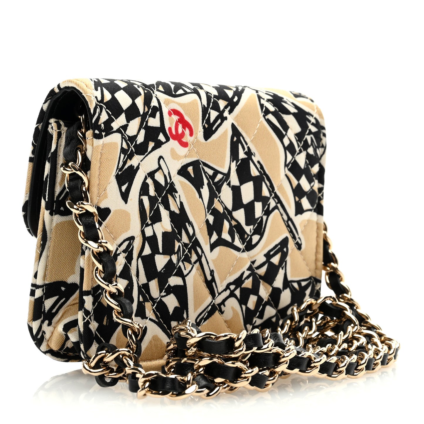 Canvas Check Flag Printed CC Clutch With Chain Beige Multicolor